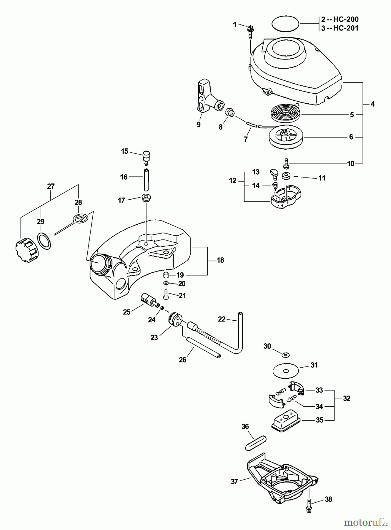 Echo Heckenscheren HC-201 - Echo Hedge Trimmer, S/N: 06001001 - 06999999 Starter, Fuel System, Clutch