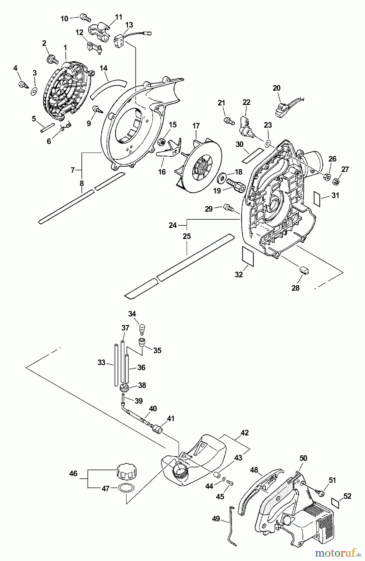 Echo Bläser / Sauger / Häcksler / Mulchgeräte	 ES-2400 - Echo Shredder/Vacuum (Type 1E) Fan Case, Engine Cover, Fuel System