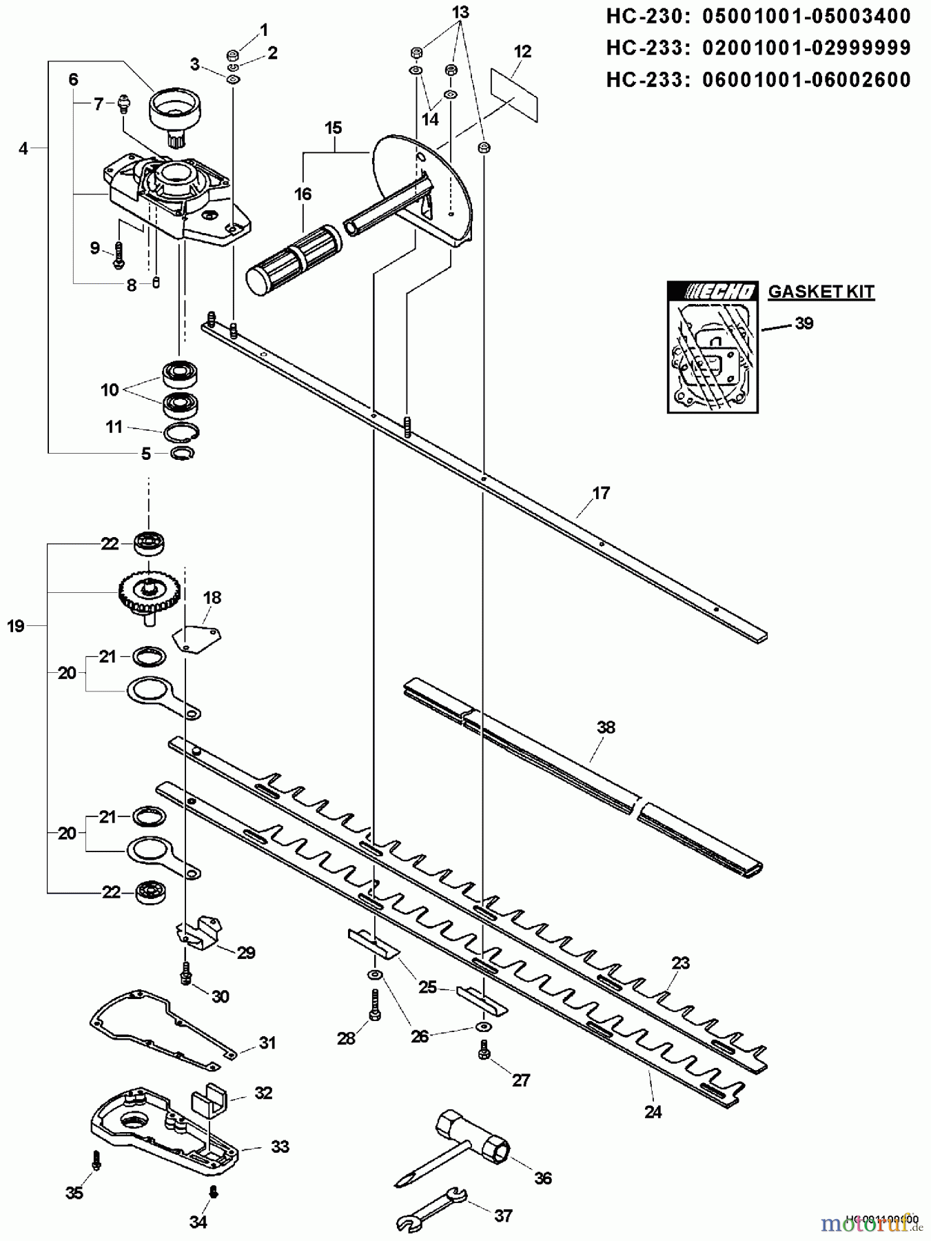 Echo Heckenscheren HC-233 - Echo Hedge Trimmer, S/N: 06001001 - 06999999 Blades, Gear Case, Side Handle, Tools S/N: 06001001 - 06002600