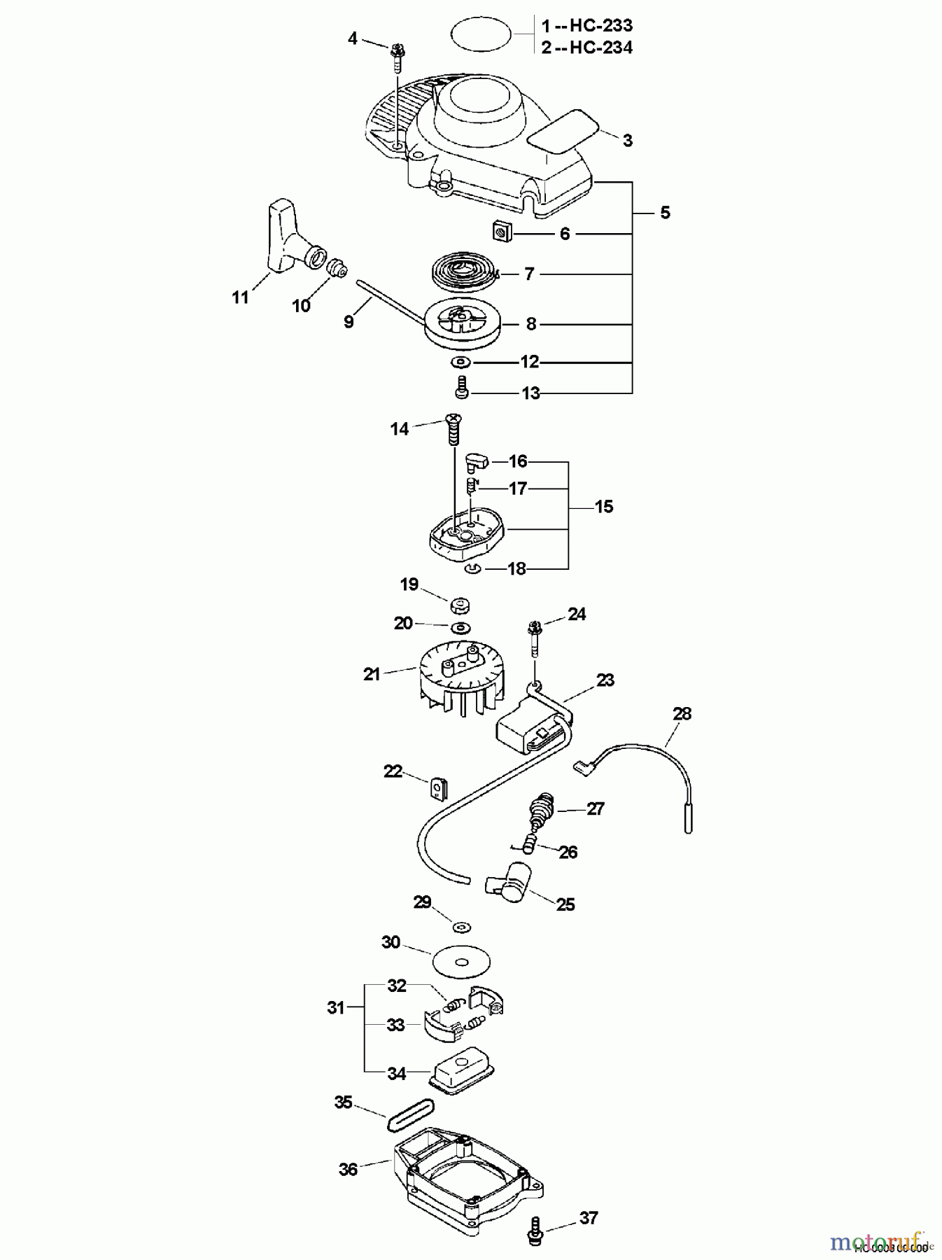Echo Heckenscheren HC-234 - Echo Hedge Trimmer, S/N: 02001001 - 02999999 Fan Case, Ignition, Clutch