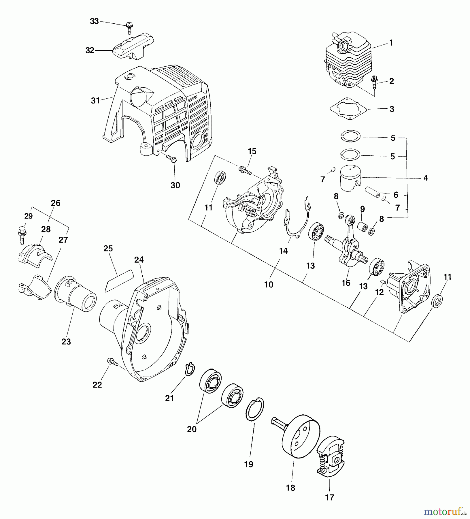  Echo Heckenscheren HCA-2400 - Echo Hedge Trimmer (Type 1E) Engine, Crankcase, Cylinder Cover, Clutch