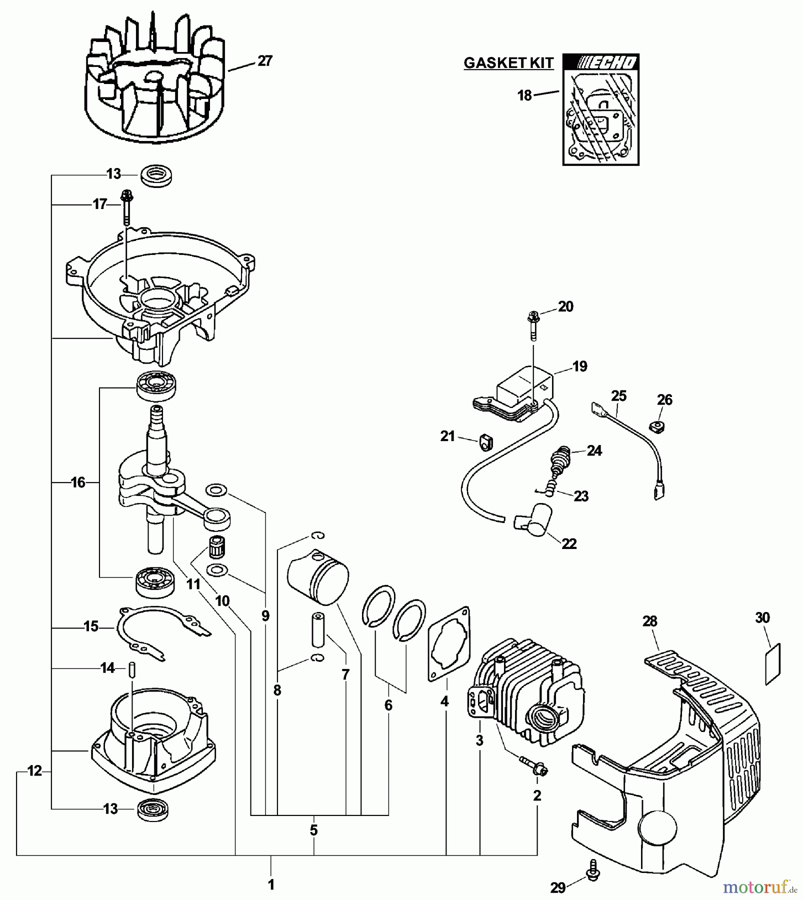 Echo Heckenscheren HCR-151 - Echo Hedge Trimmer, S/N: 02001001 - 02999999 Engine, Short Block, Ignition, Cylinder Cover