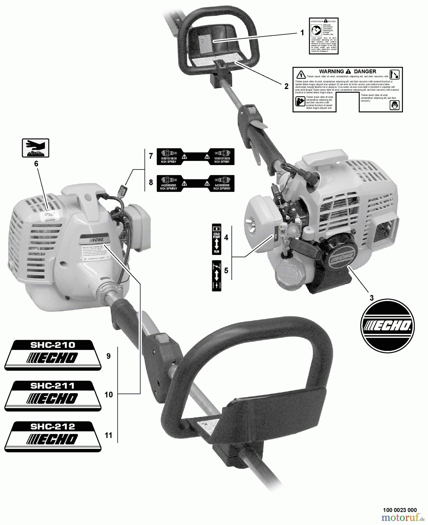 Echo Heckenscheren SHC-210 - Echo Shaft Hedge Trimmer, S/N: 08001001 - 08999999 Labels