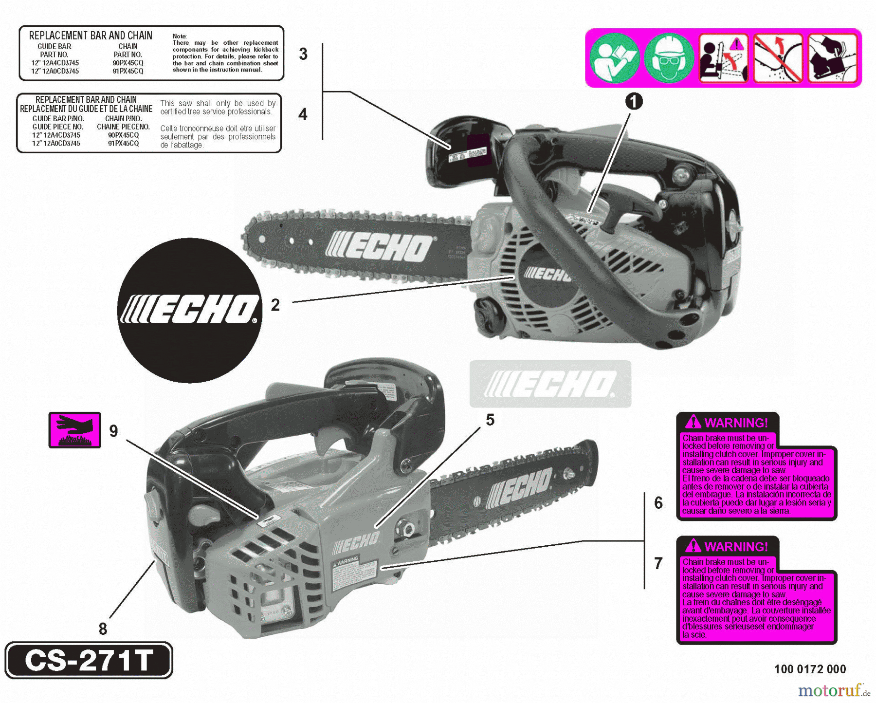  Echo Sägen, Kettensägen CS-271T  S/N: C26513001001 - C26513999999 Labels