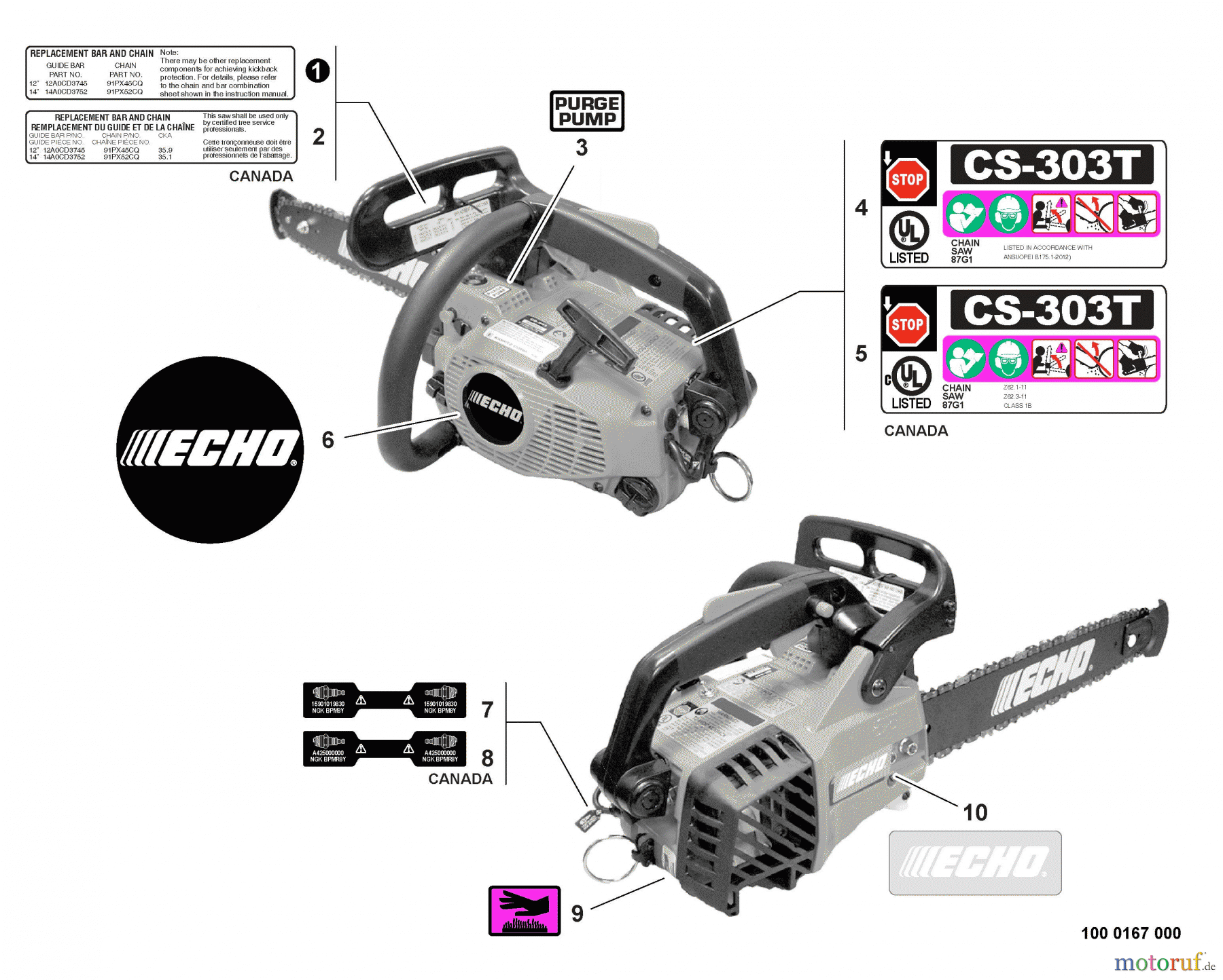 Echo Sägen, Kettensägen CS-303T - Echo Chainsaw, S/N: C26111001001 - C26111999999 Labels