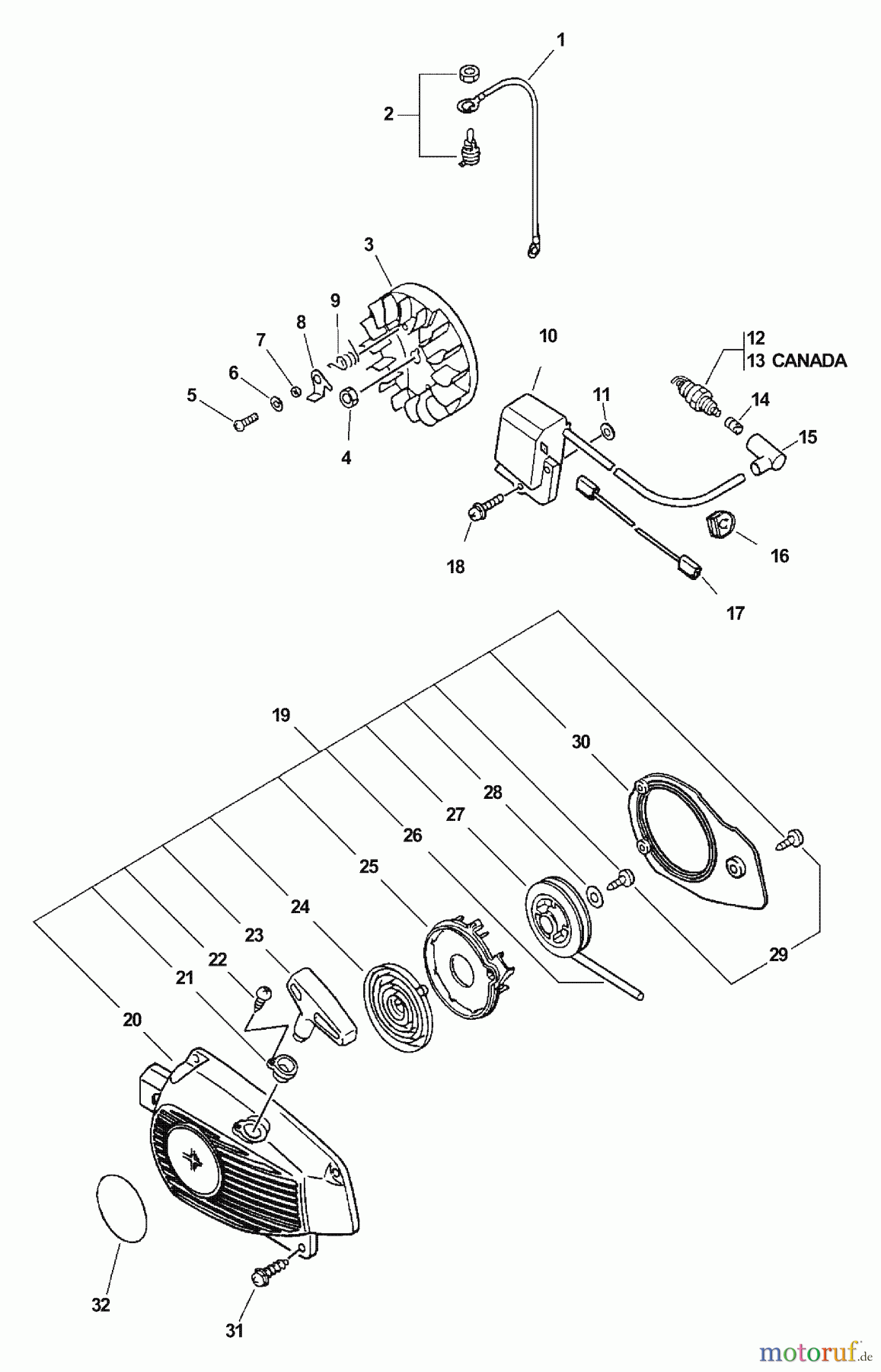 Echo Sägen, Kettensägen CS-305 - Echo Chainsaw, S/N: 03001001 - 03999999 Ignition, Flywheel, Starter