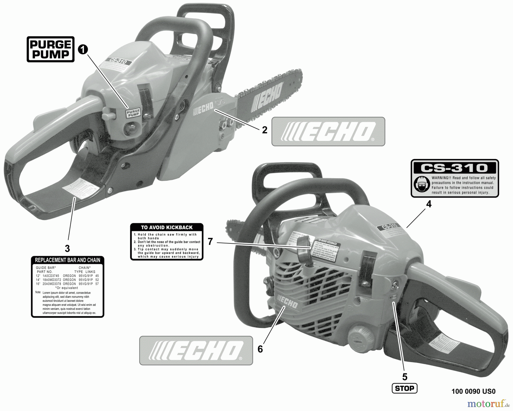 Echo Sägen, Kettensägen CS-310 - Echo Chainsaw, S/N: C23926001001 - C23926999999 Labels