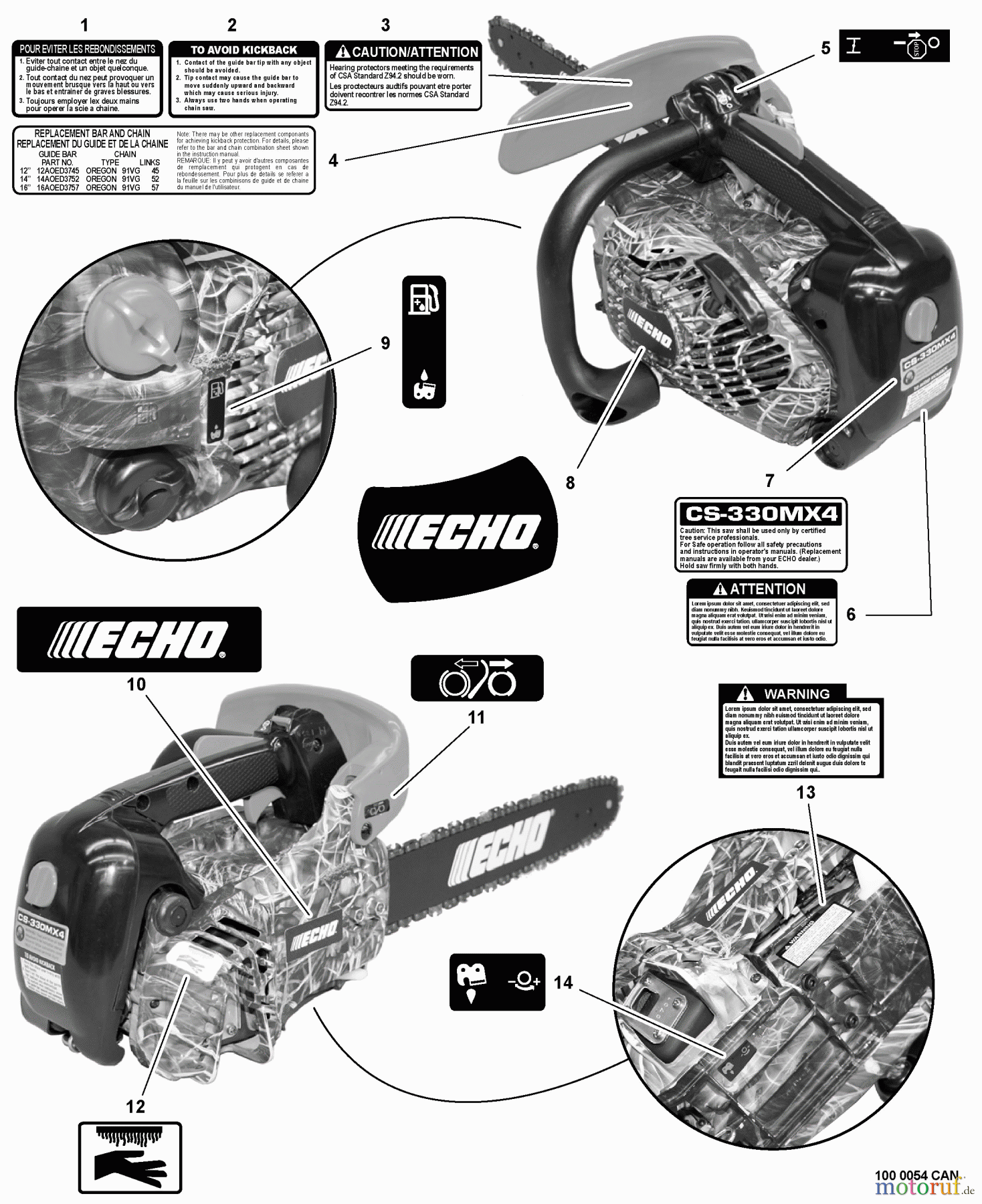 Echo Sägen, Kettensägen CS-330MX4 - Echo Chainsaw, S/N: C07213001001 - C07213999999 Labels