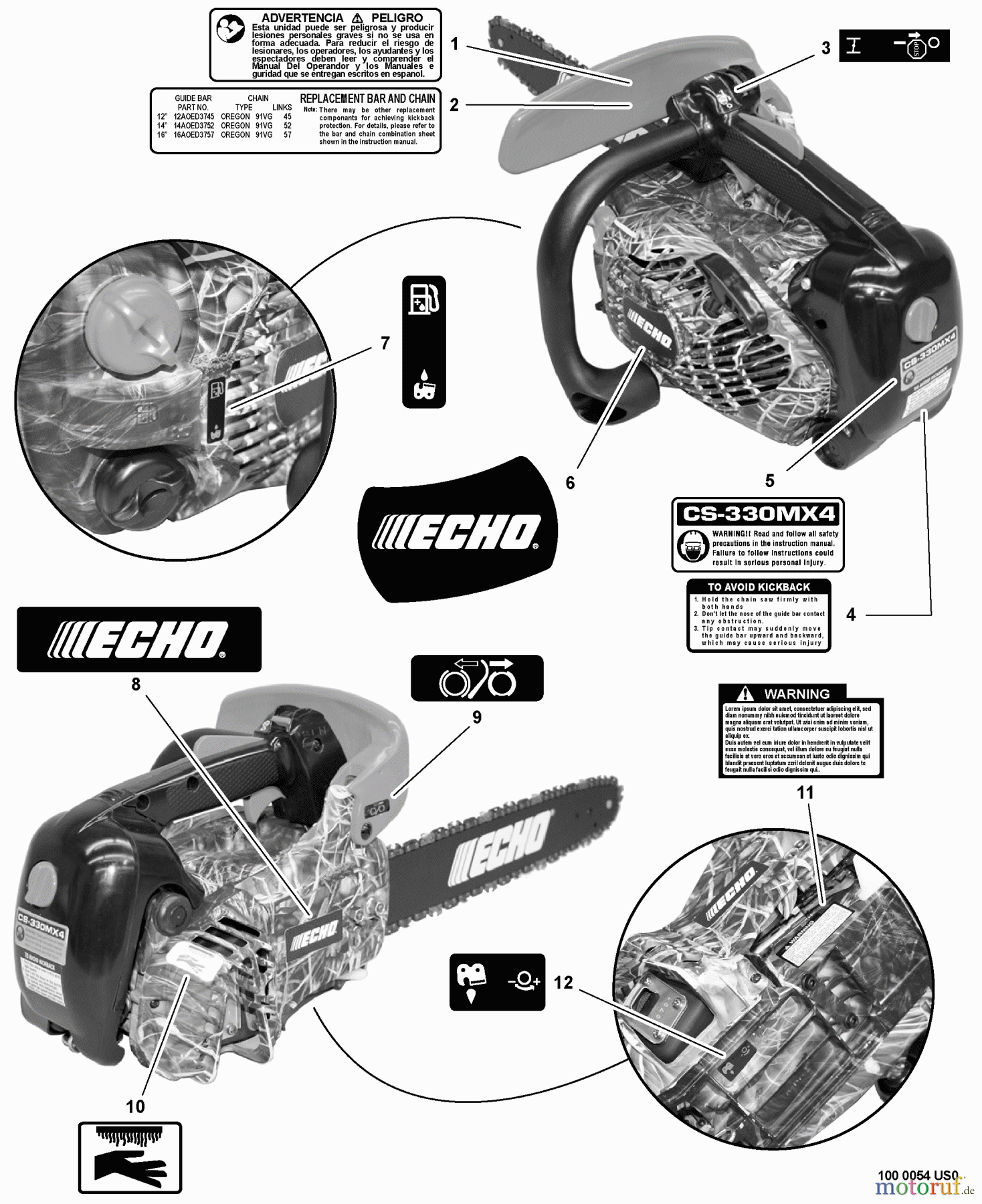Echo Sägen, Kettensägen CS-330MX4 - Echo Chainsaw, S/N: C07311001001 - C07311999999 Labels