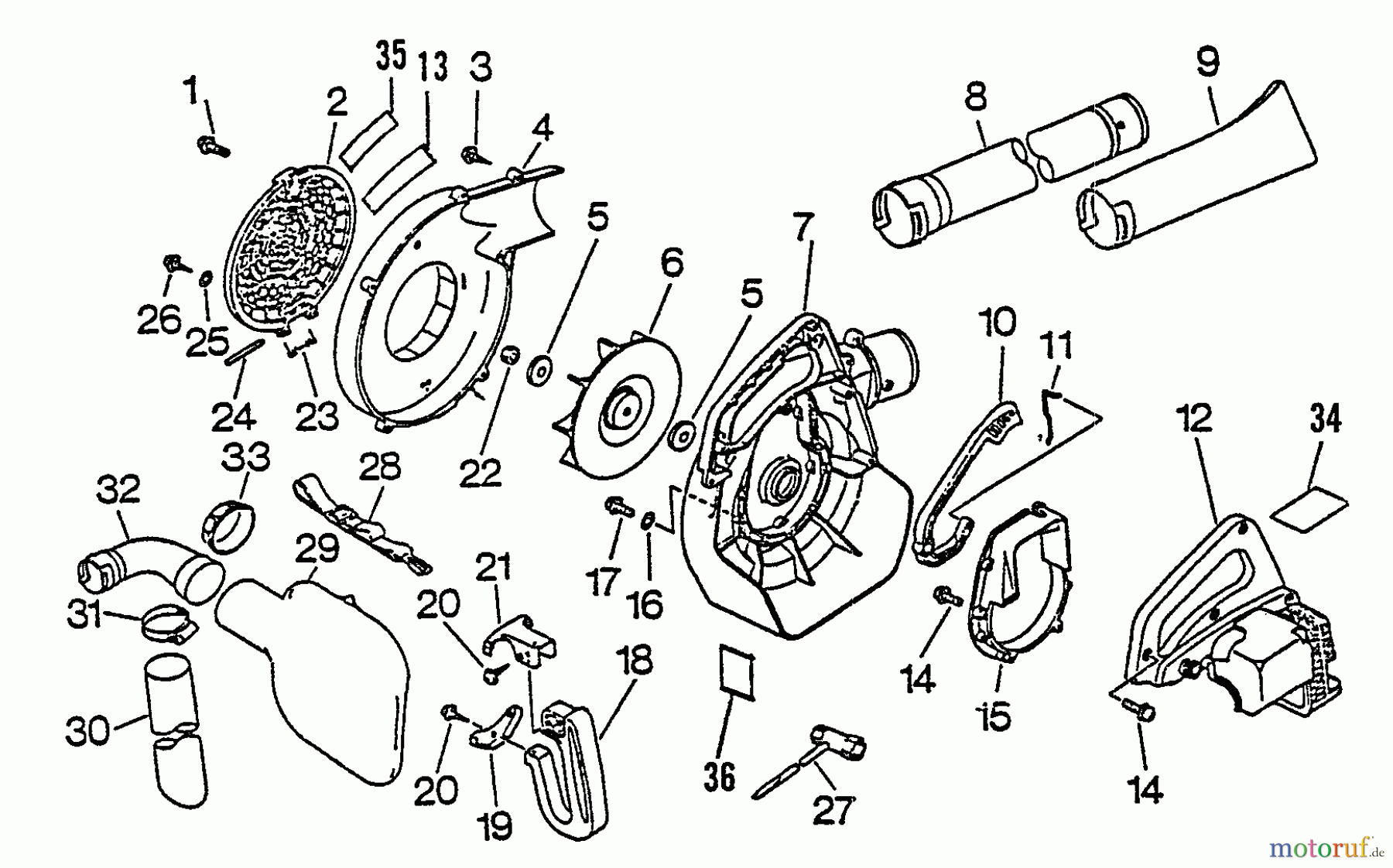 Echo Bläser / Sauger / Häcksler / Mulchgeräte PB-1010 - Echo Hand Held Blower, S/N: 122636 - 219000 Fan, Housings, Blowing Pipes, Debris Bag, Handles, Cover, Tools