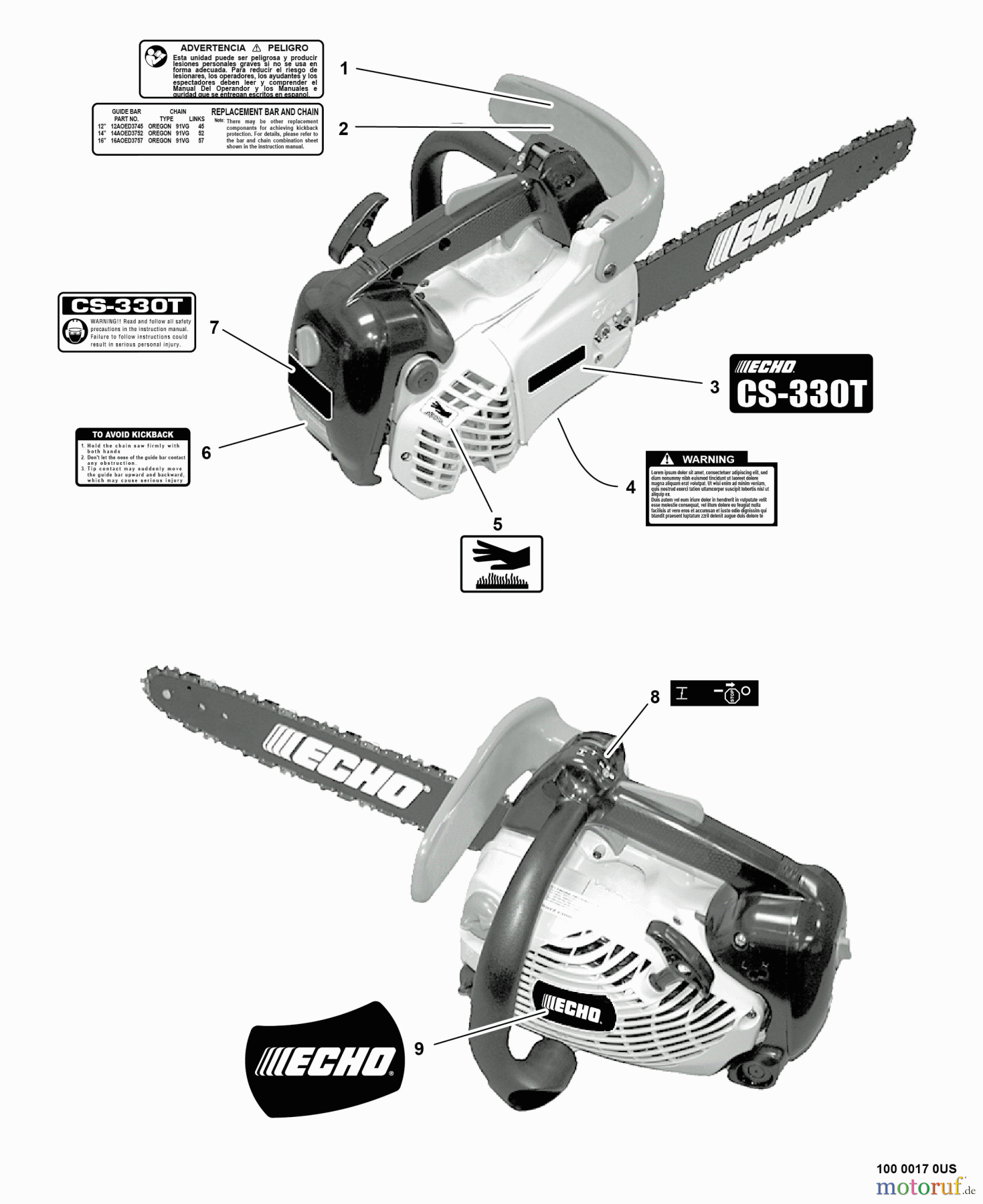 Echo Sägen, Kettensägen CS-330T - Echo Chainsaw, S/N: C08611001001 - C08611999999 Labels