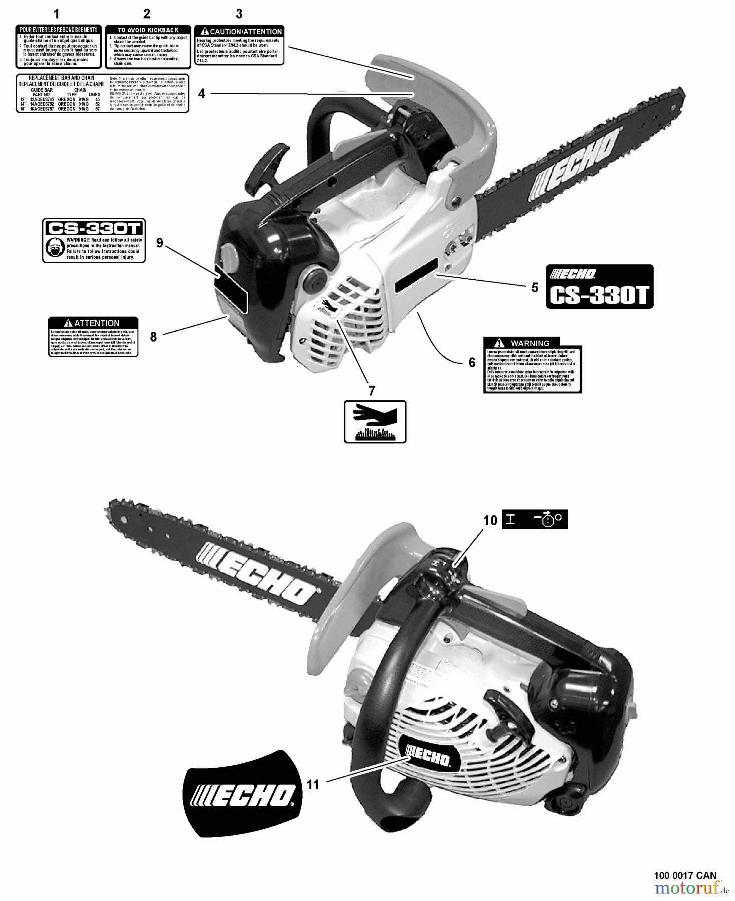 Echo Sägen, Kettensägen CS-330T - Echo Chainsaw, S/N: 10001001 - 10999999 Labels