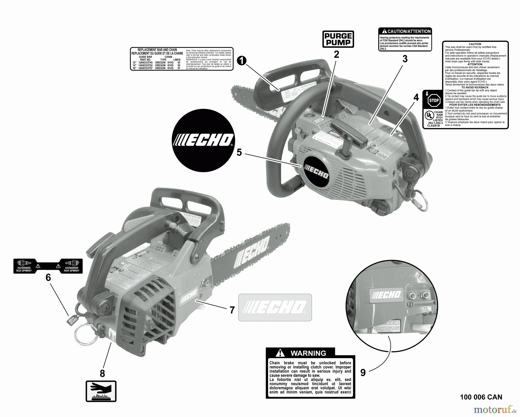 Echo Sägen, Kettensägen CS-341 - Echo Chainsaw, S/N: C24912001001 - C24912999999 Labels