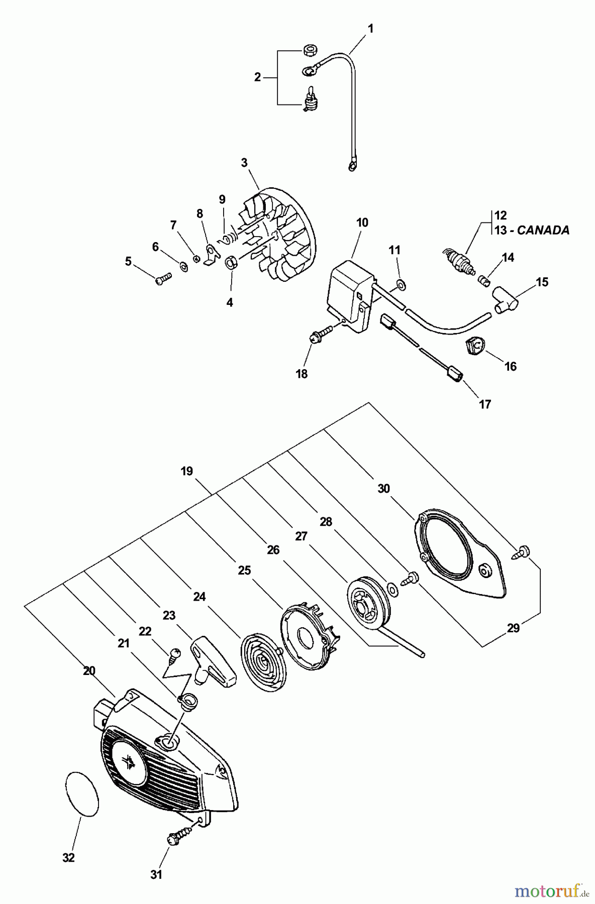 Echo Sägen, Kettensägen CS-345 - Echo Chainsaw, S/N: 04001001 - 04999999 Ignition, Starter Assembly, Clutch