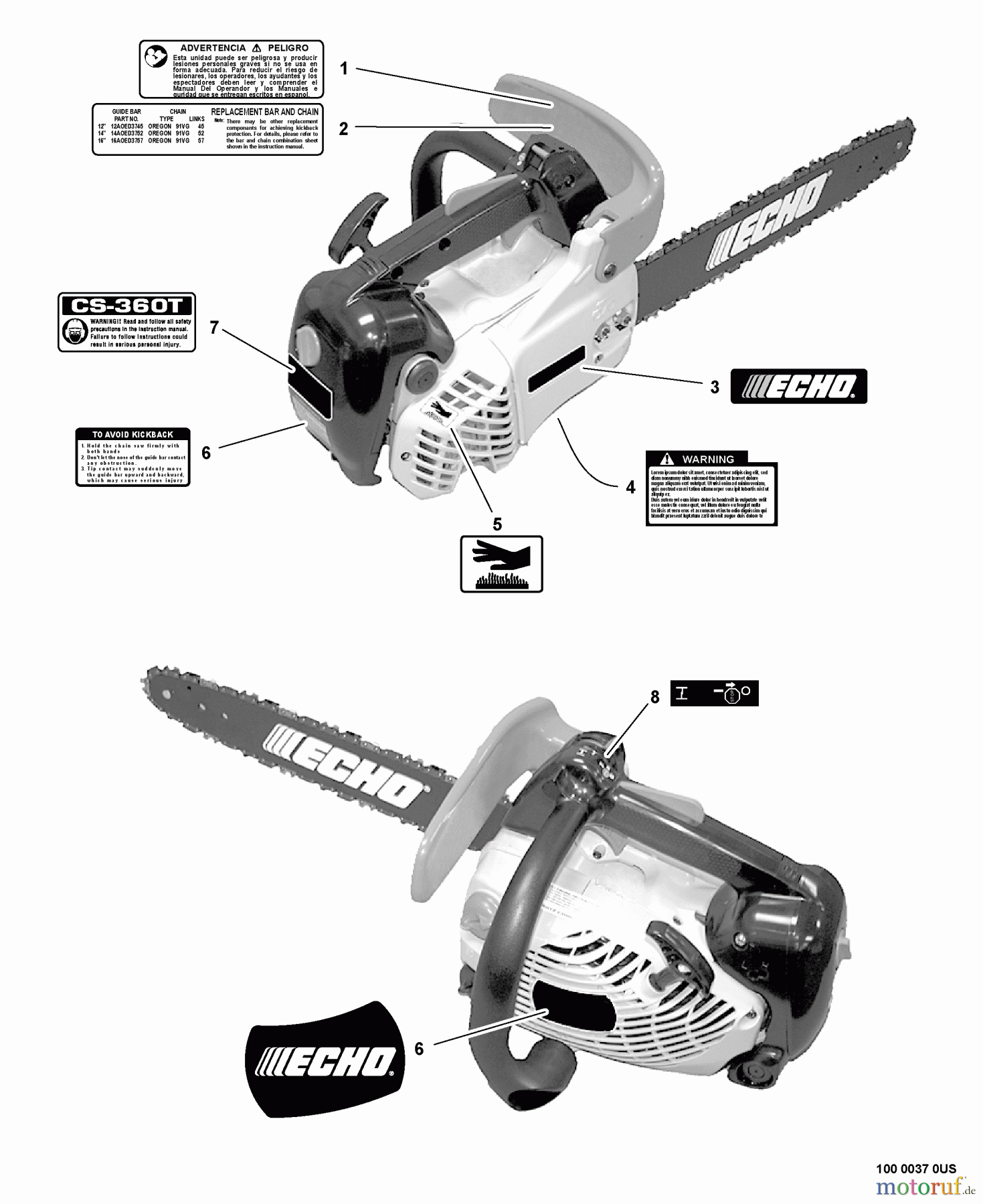 Echo Sägen, Kettensägen CS-360T - Echo Chainsaw, S/N: C04412001001 - C04412999999 Labels
