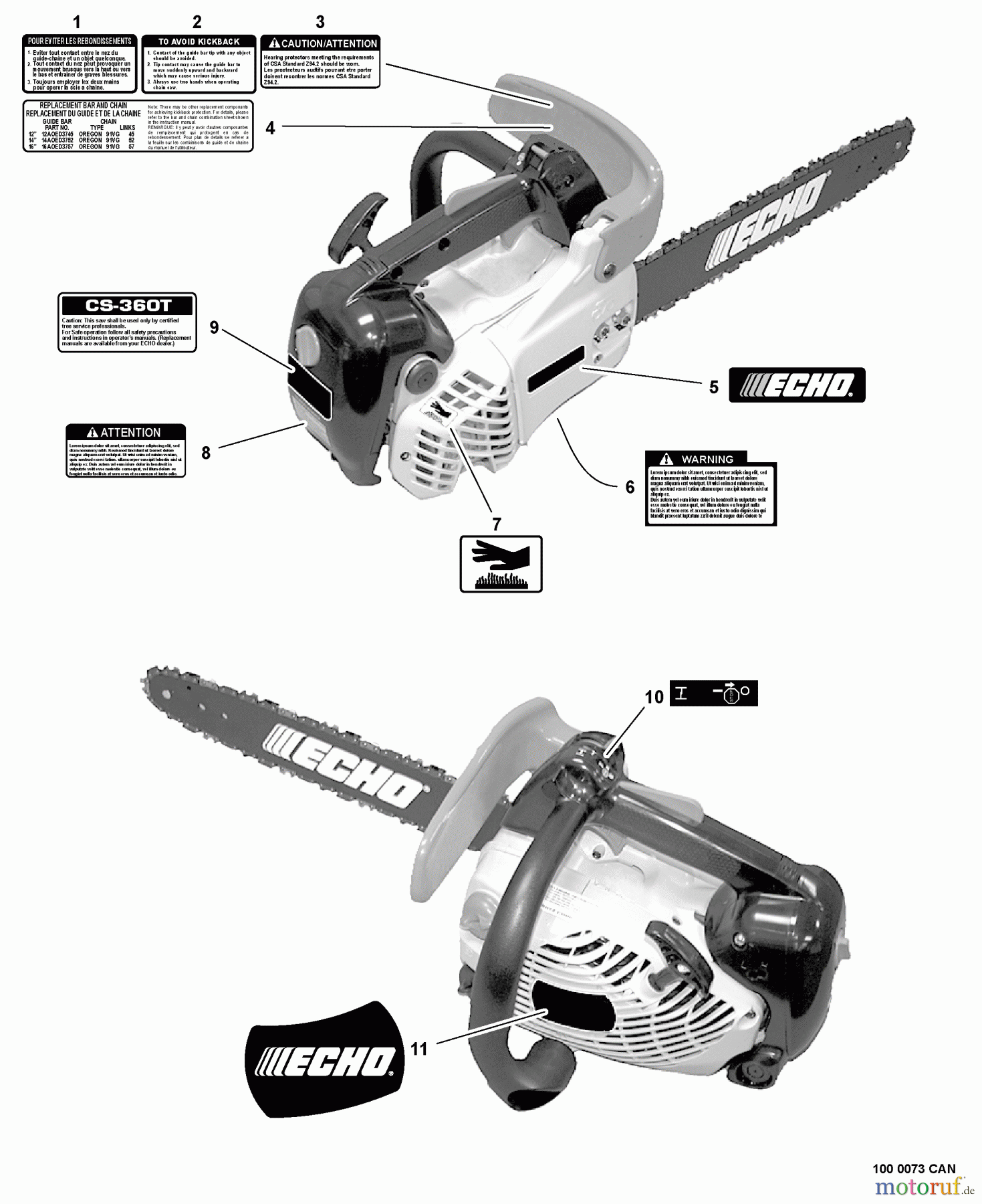 Echo Sägen, Kettensägen CS-360T - Echo Chainsaw, S/N: 10001001 - 10999999 Labels