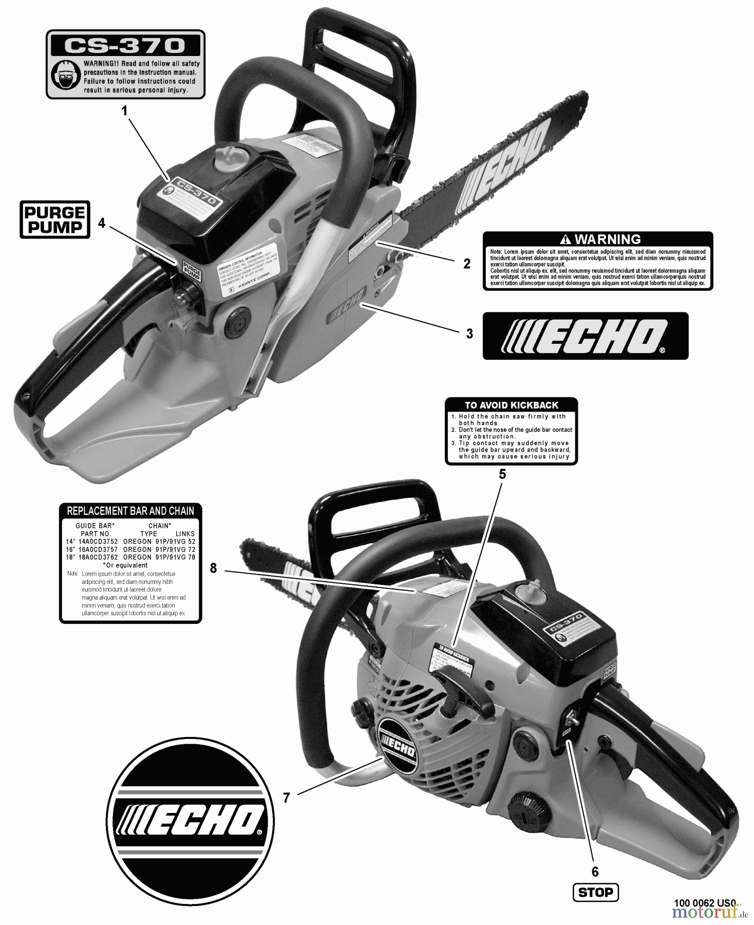 Echo Sägen, Kettensägen CS-370 - Echo Chainsaw, S/N: C08011001001 - C08011999999 Labels