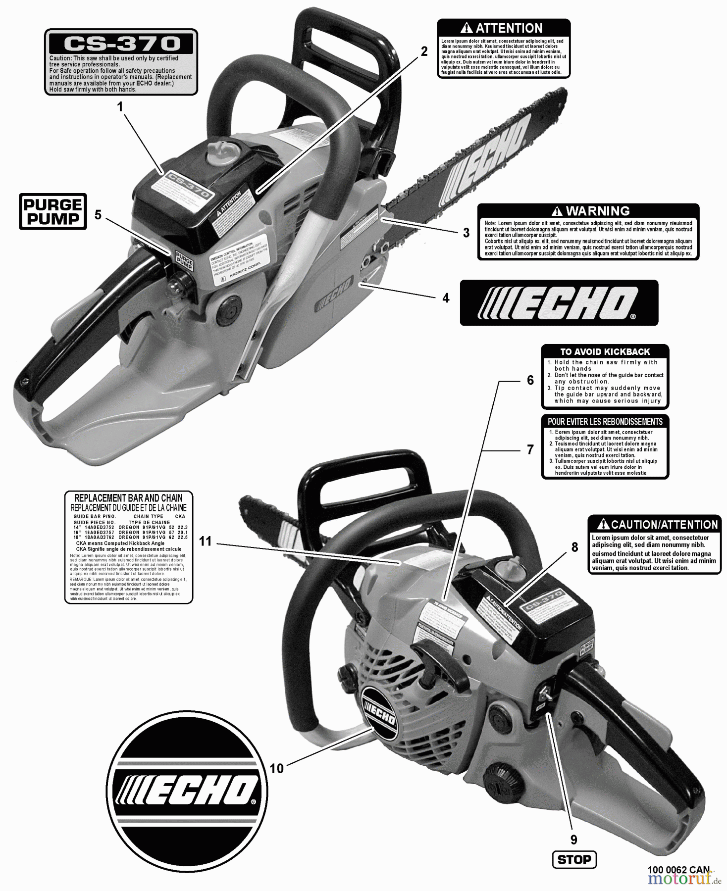 Echo Sägen, Kettensägen CS-370 - Echo Chainsaw, S/N: C09913001001 - C09913999999 Labels