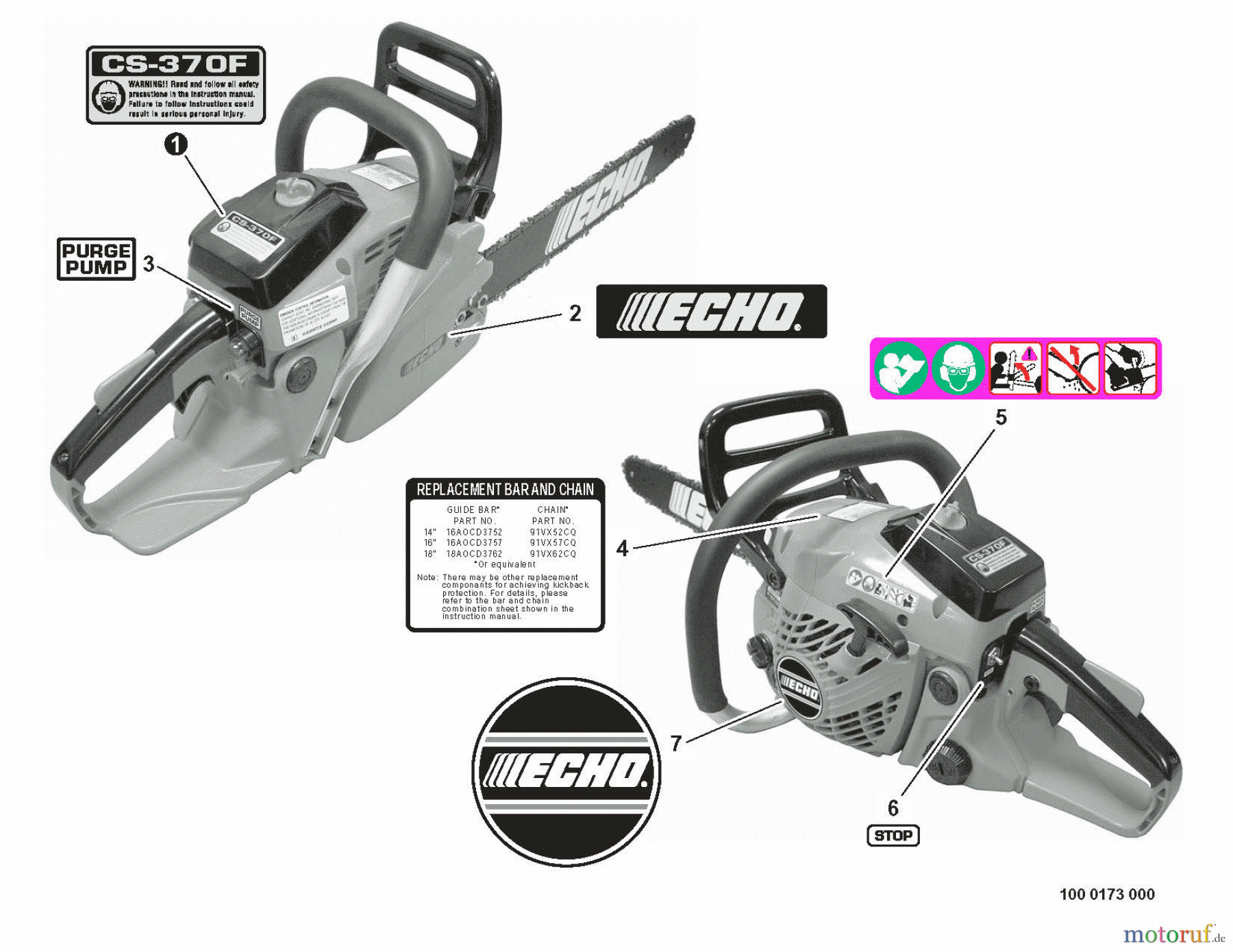 Echo Sägen, Kettensägen CS-370F S/N: C27512001001 - C27512999999 Labels