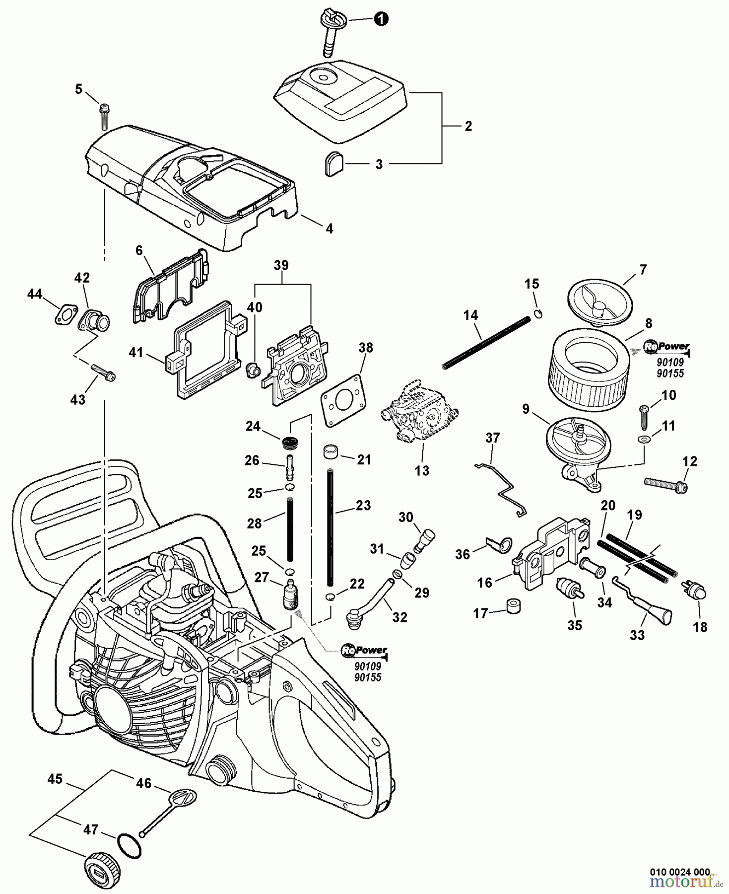  Echo Sägen, Kettensägen CS-370 - Echo Chainsaw, S/N: C09913001001 - C09913999999 Intake, Cylinder Cover, Ignition Switch, Fuel System  S/N: C09913012501 - C09913999999
