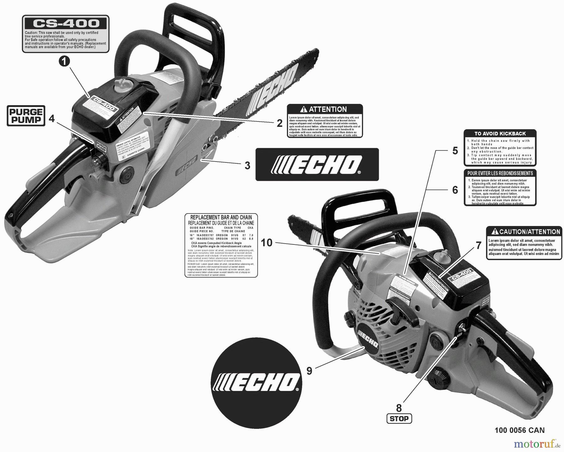 Echo Sägen, Kettensägen CS-400 - Echo Chainsaw, S/N: C10013001001 - C10013999999 Labels