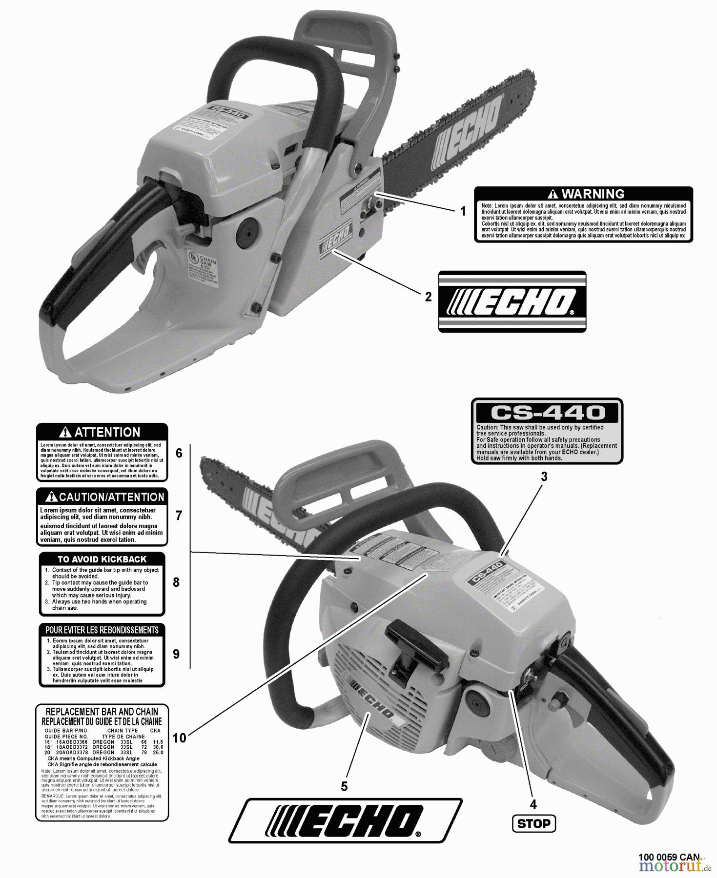 Echo Sägen, Kettensägen CS-440 - Echo Chainsaw, S/N: 10001001 - 10999999 Labels