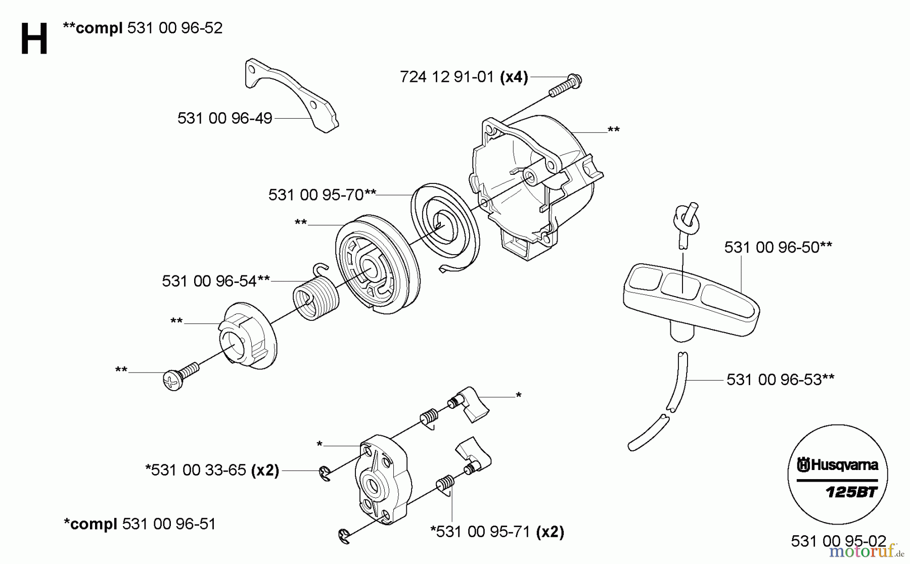 Husqvarna Bläser / Sauger / Häcksler / Mulchgeräte 125 BT - Husqvarna Backpack Blower (2004-10 & After) Starter Assy