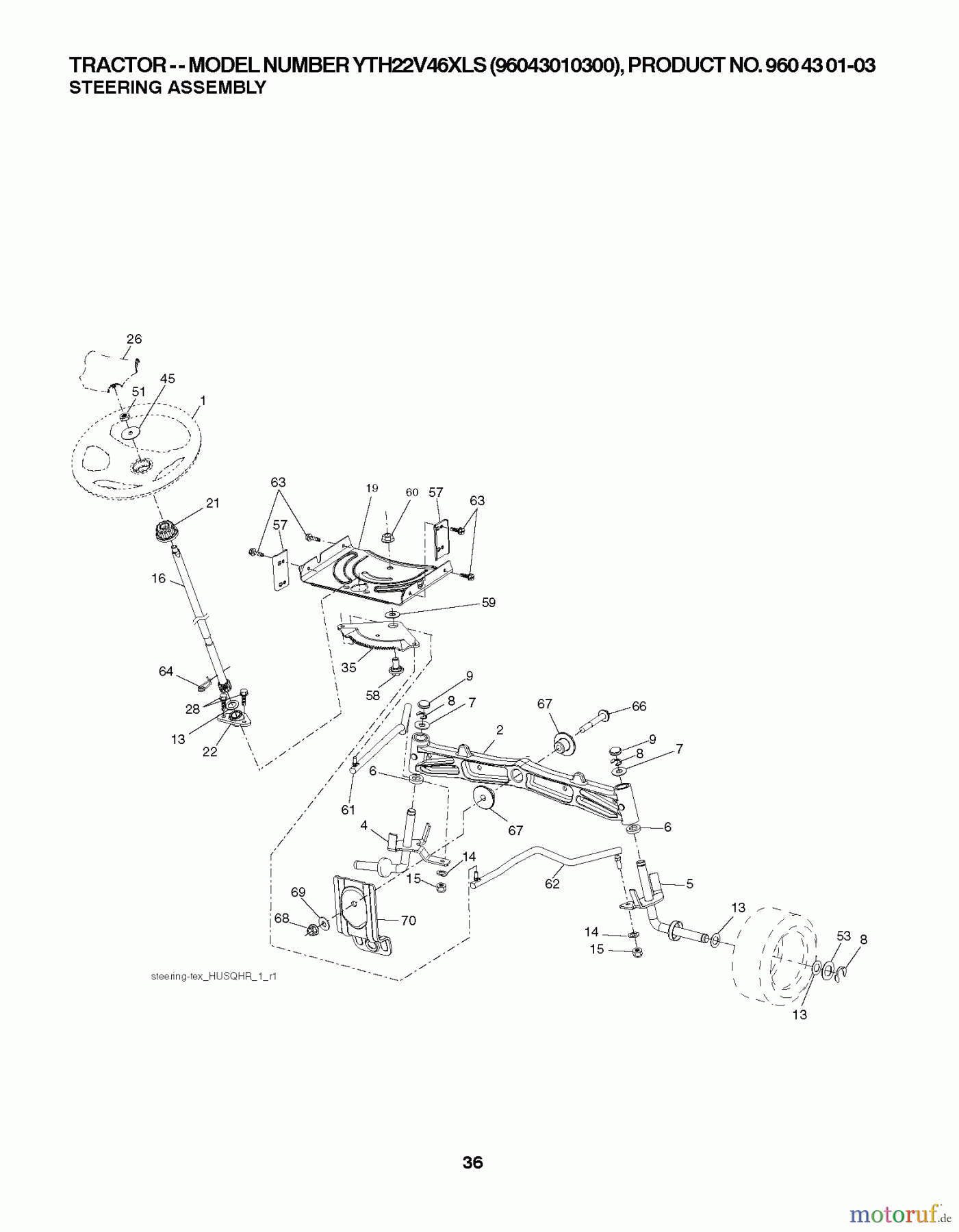Husqvarna Rasen und Garten Traktoren YTH 22V46XLS (96043011201) - Husqvarna Yard Tractor (2010-12 & After) STEERING