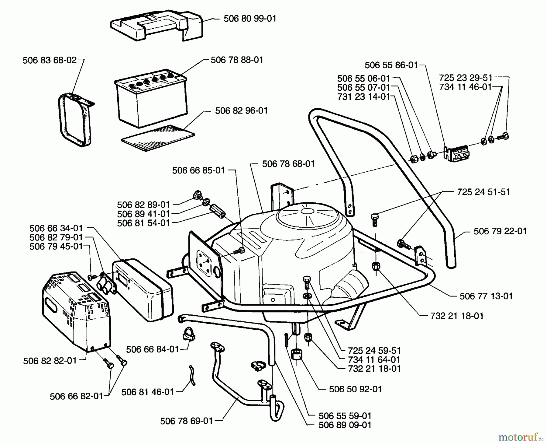 Husqvarna Reitermäher, Motor hinten Rider 1200 - Husqvarna Rear-Engine Rider (1996-08 to 1997-12) Battery And Engine Housing
