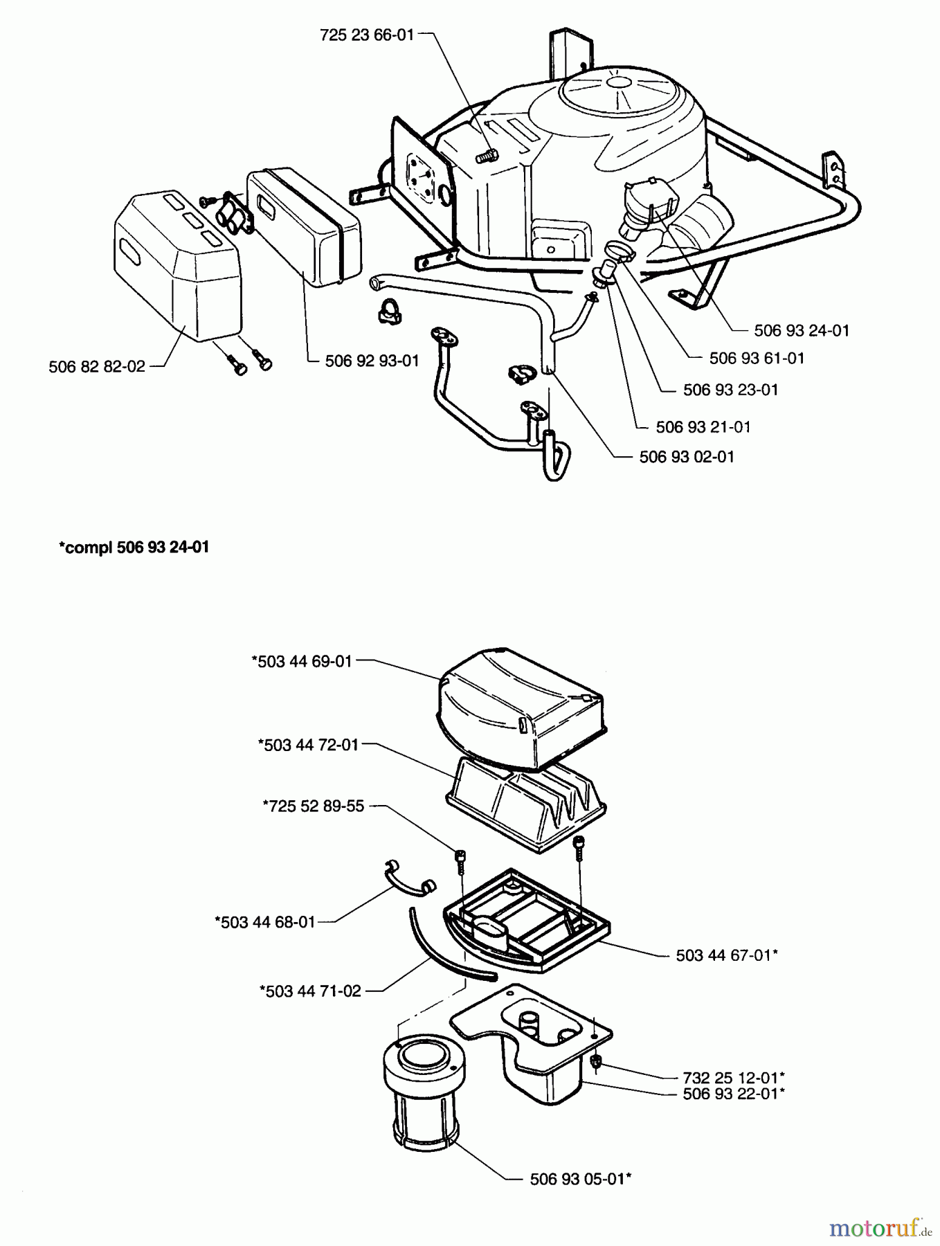Husqvarna Reitermäher, Motor hinten Rider 1200 - Husqvarna Rear-Engine Rider (1996-08 to 1997-12) Engine And Air Filter Assembly