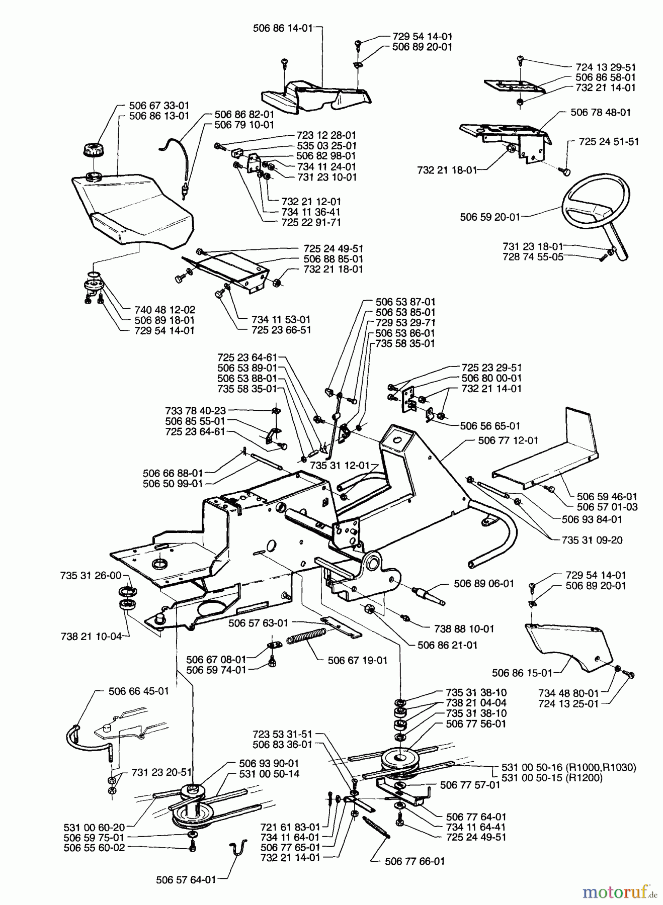 Husqvarna Reitermäher, Motor hinten Rider 1200 - Husqvarna Rear-Engine Rider (1996-08 to 1997-12) Frame Assembly