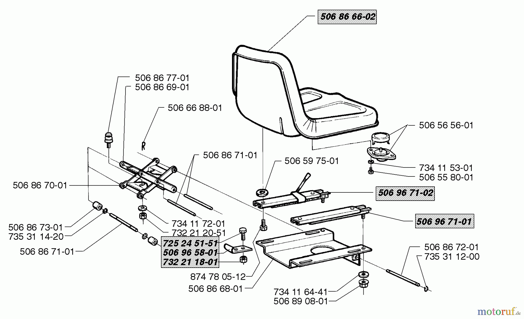 Husqvarna Reitermäher, Motor hinten Rider 1200 - Husqvarna Rear-Engine Rider (1998-01 & After) Seat Assembly