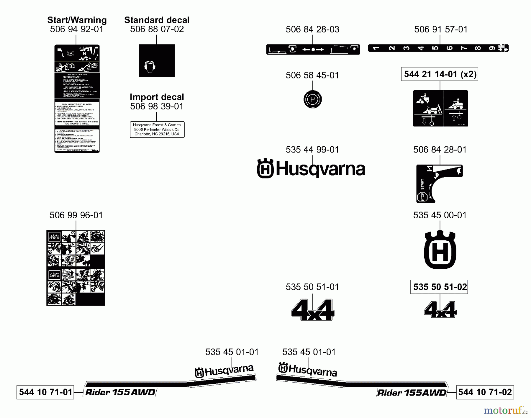 Husqvarna Reitermäher, Motor hinten Rider 155 AWD - Husqvarna Rear-Engine Rider (2006-01 & After) Decals