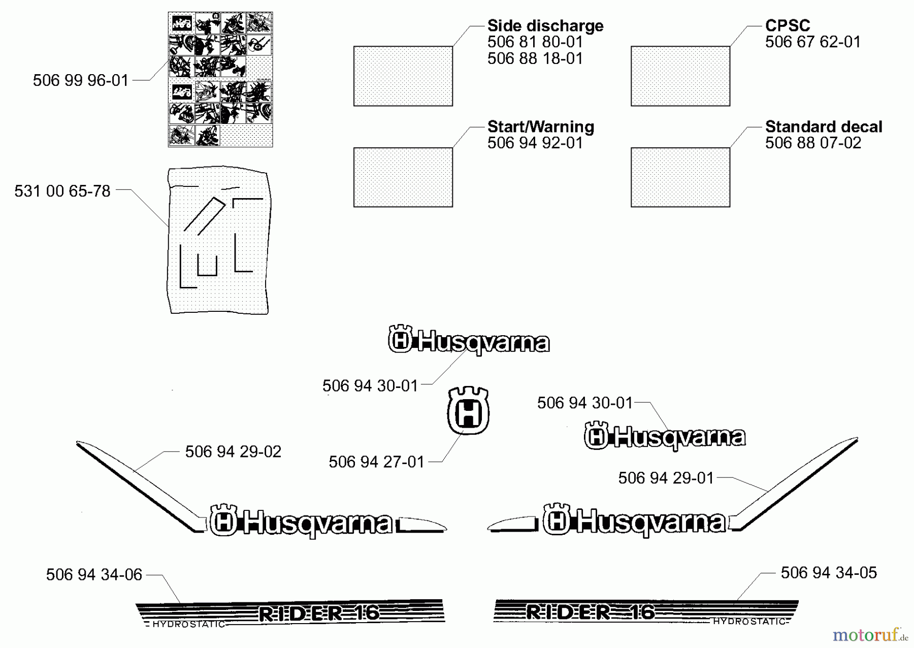 Husqvarna Reitermäher, Motor hinten Rider 16 - Husqvarna Rear-Engine Rider (2001-01 & After) Decals
