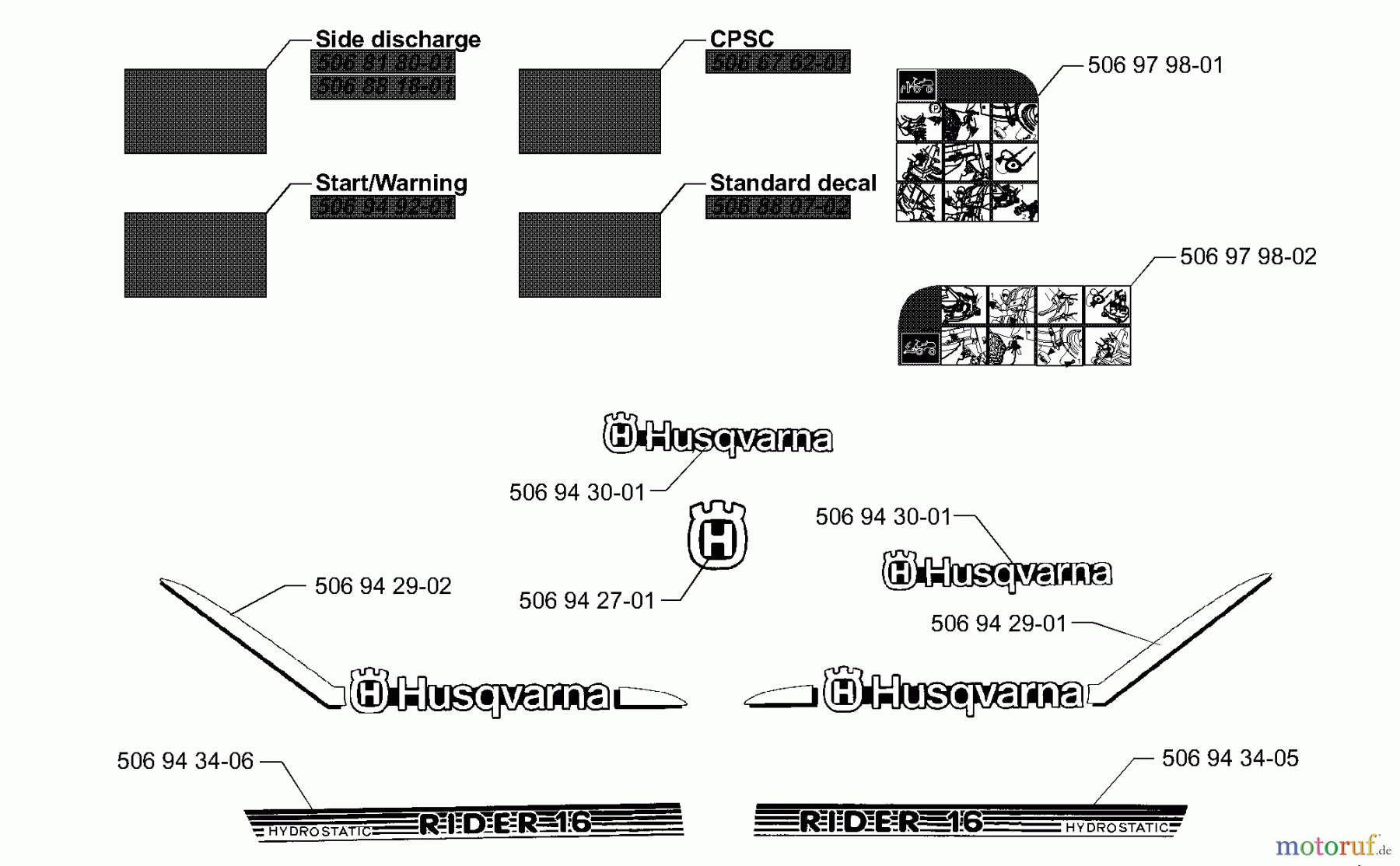 Husqvarna Reitermäher, Motor hinten Rider 16 H - Husqvarna Rear-Engine Rider (2000-02 & After) Decals