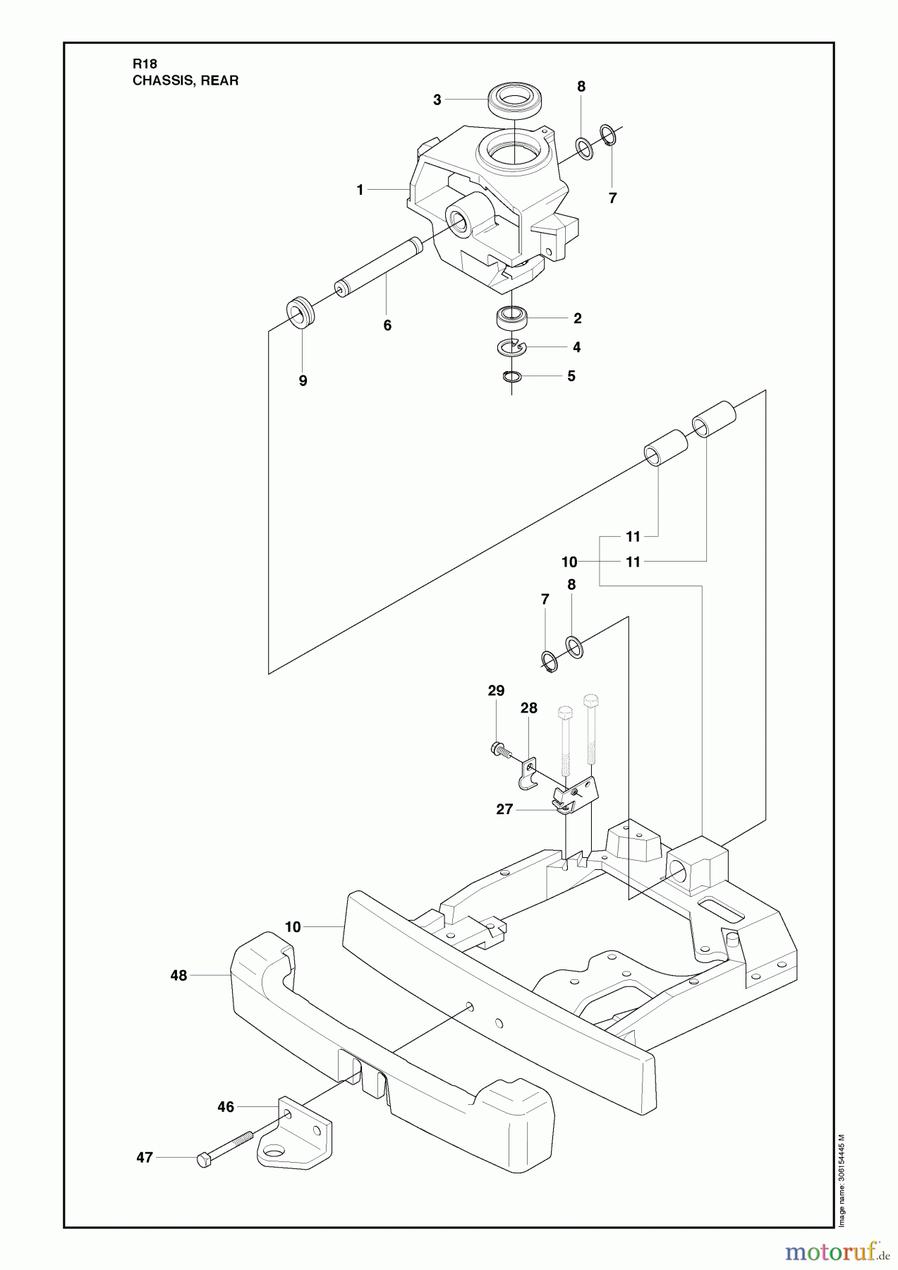 Husqvarna Reitermäher, Motor hinten Rider 18 (966414001) - Husqvarna Rear-Engine Rider (2010-03 & After) Chassis, Rear Image 1