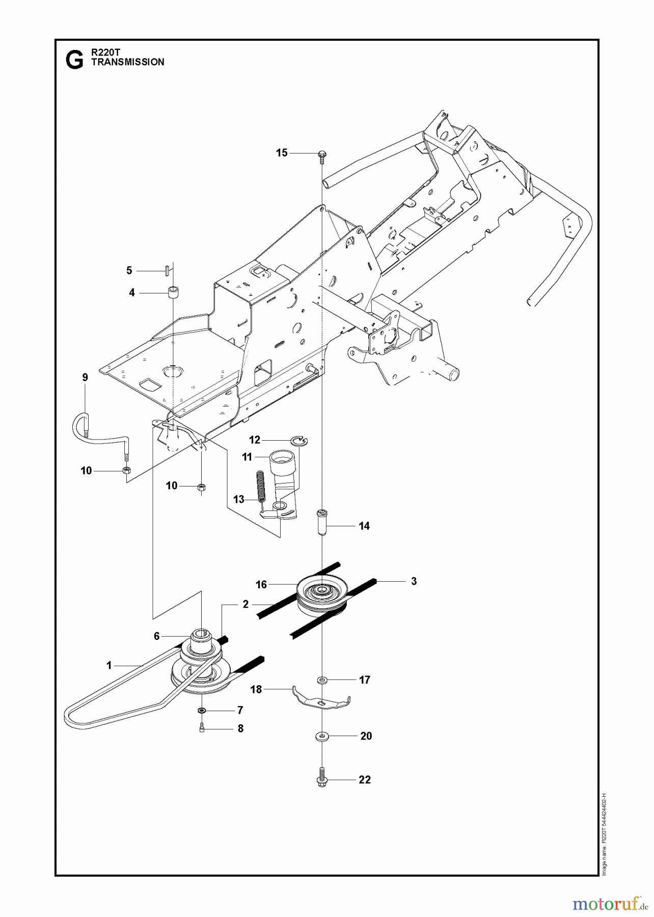 Husqvarna Reitermäher, Motor hinten Rider 322T AWD (966785801) - Husqvarna Rear-Engine Rider (2012-03 & After) CHASSIS ENGINE PULLEYS
