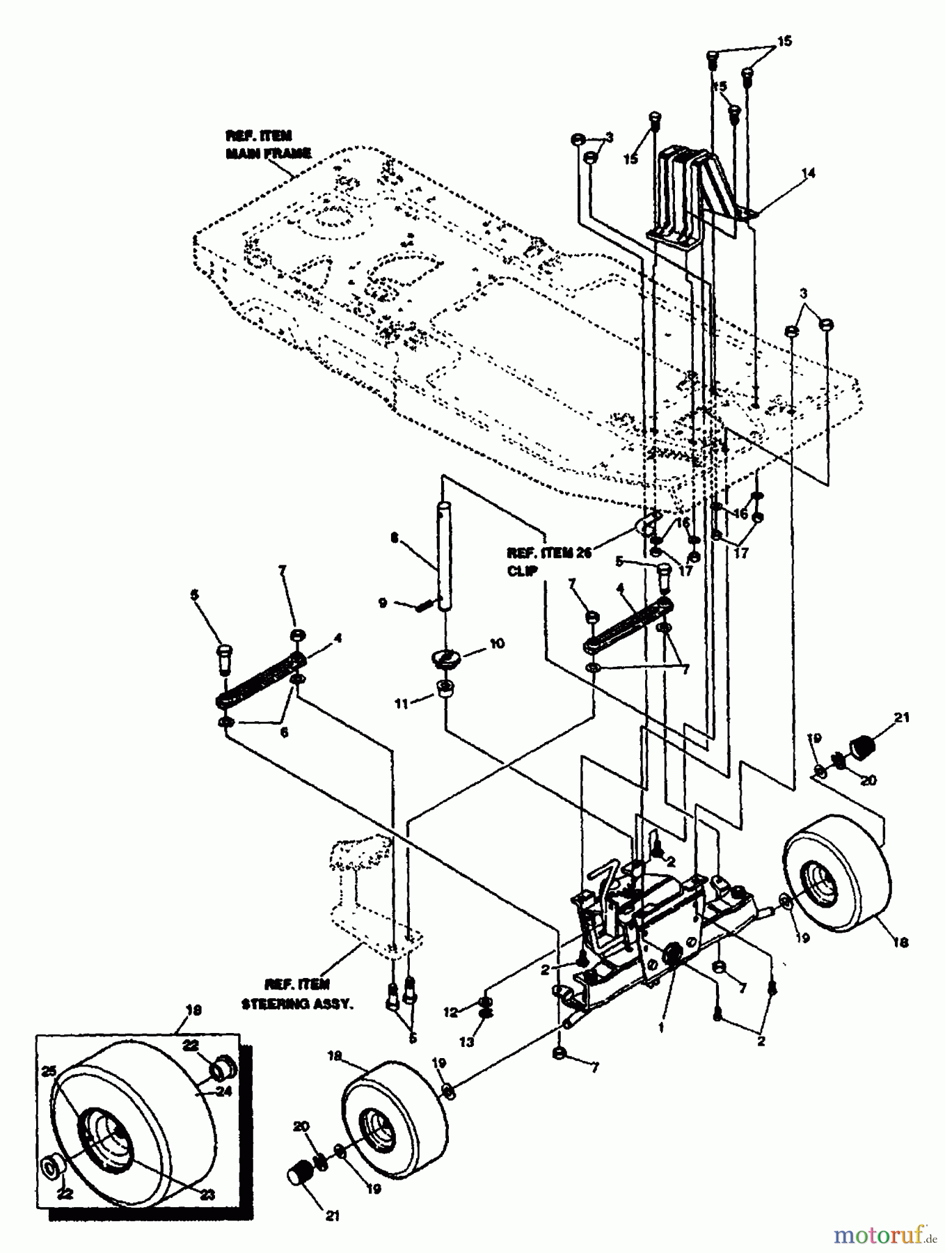 Husqvarna Reitermäher, Motor hinten Rider 800 - Husqvarna Rear-Engine Rider (1993-04 & After) Front Axle & Wheels Assembly