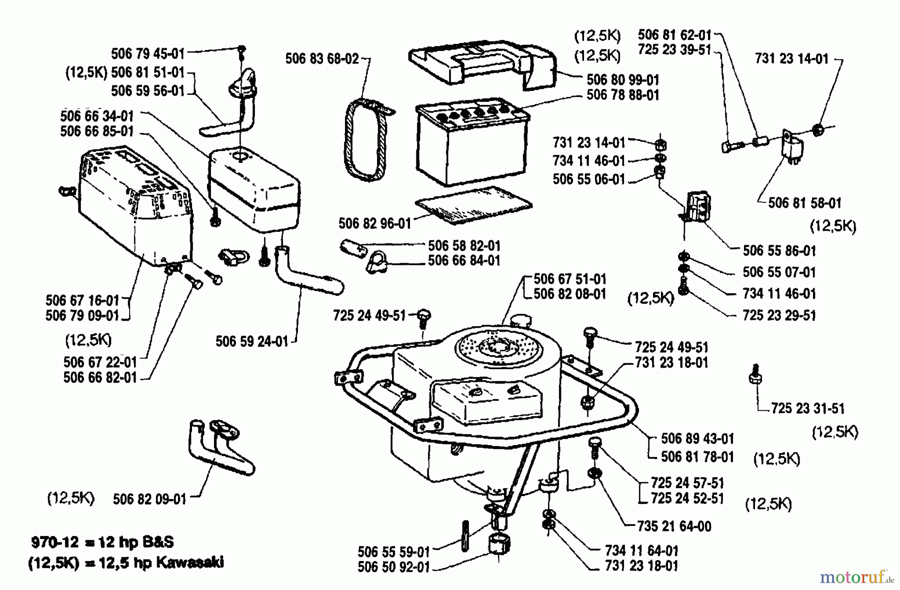  Husqvarna Reitermäher, Motor hinten Rider 970 12 S - Husqvarna Swedish Rider (1992-03 to 1993-04) Engine Silencer & Battery Assembly