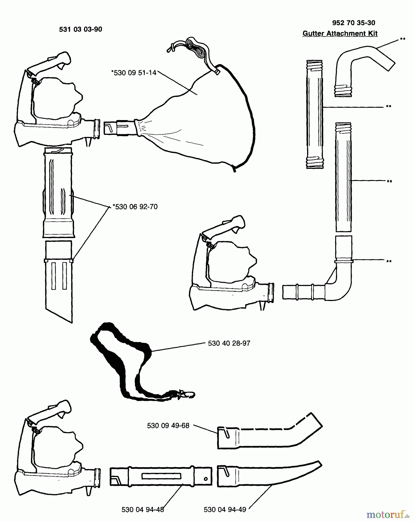 Husqvarna Bläser / Sauger / Häcksler / Mulchgeräte 225 HBV - Husqvarna Handheld Blower Vacuum (1996-09 to 1997-01) Vacuum And Gutter Attachment Kits