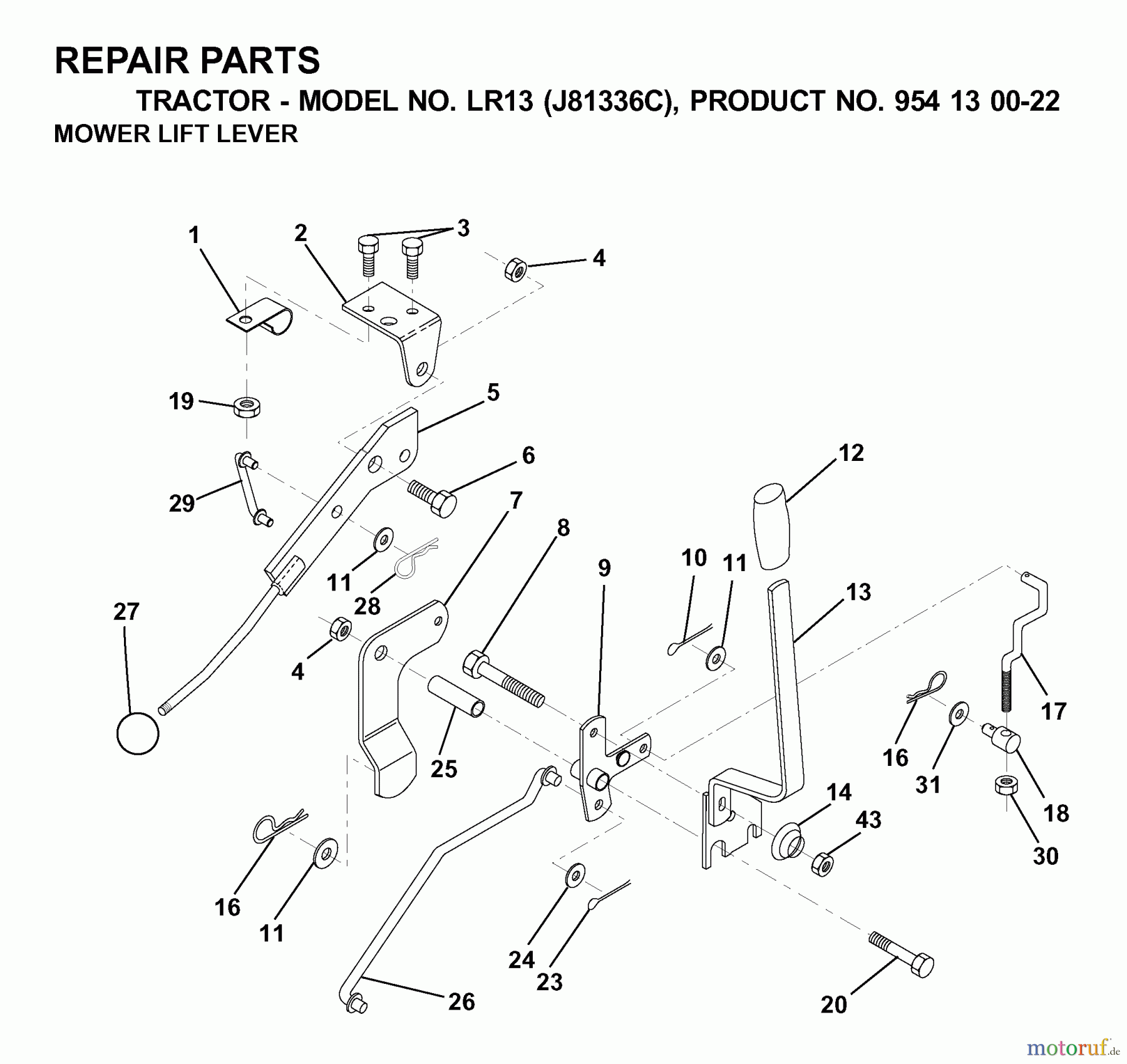 Jonsered Rasen und Garten Traktoren LR13 (J81336C, 954130022) - Jonsered Lawn & Garden Tractor (2000-03) MOWER LIFT LEVER
