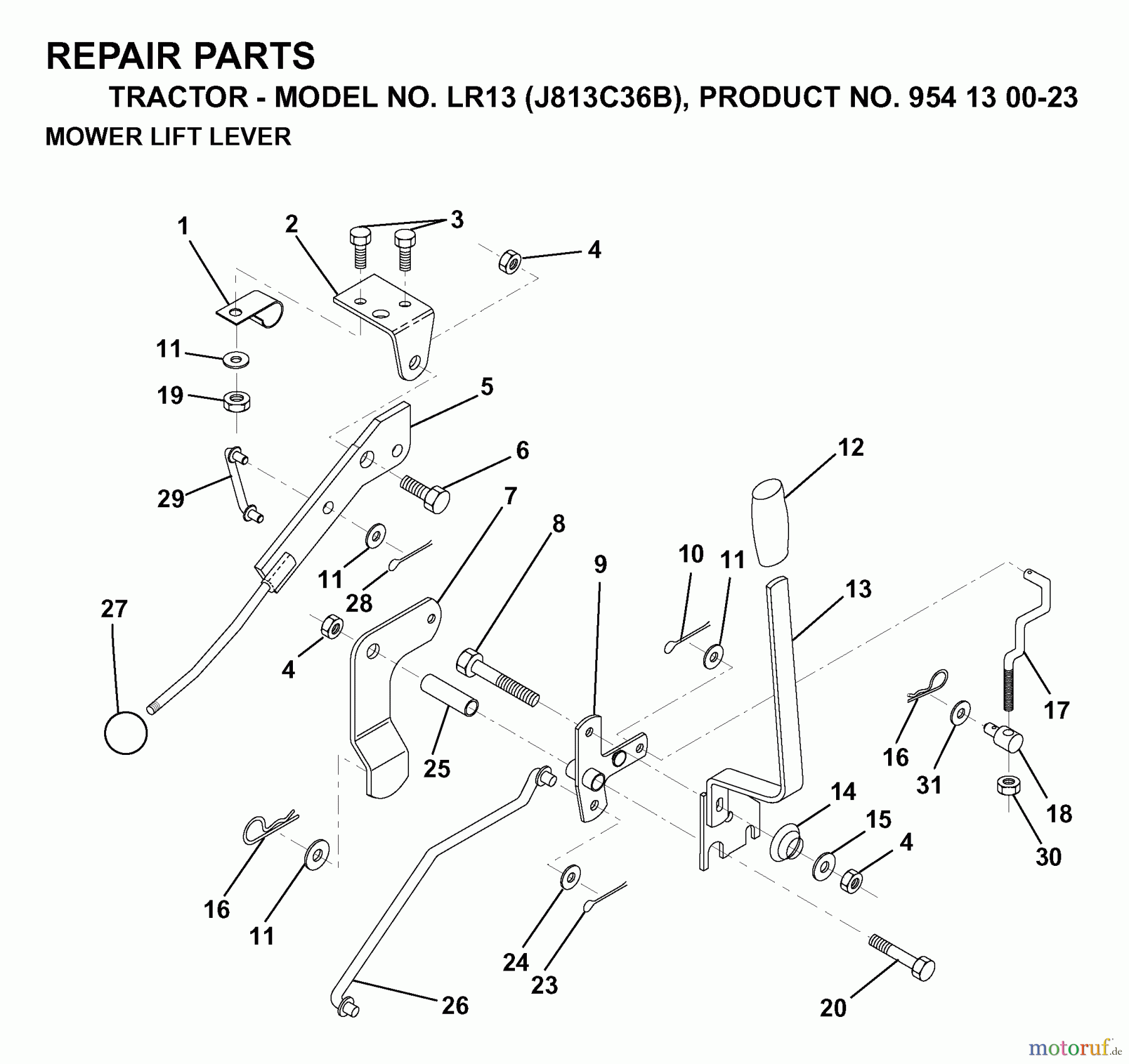 Jonsered Rasen und Garten Traktoren LR13 (J813C36B, 954130023) - Jonsered Lawn & Garden Tractor (1998-12) MOWER LIFT LEVER