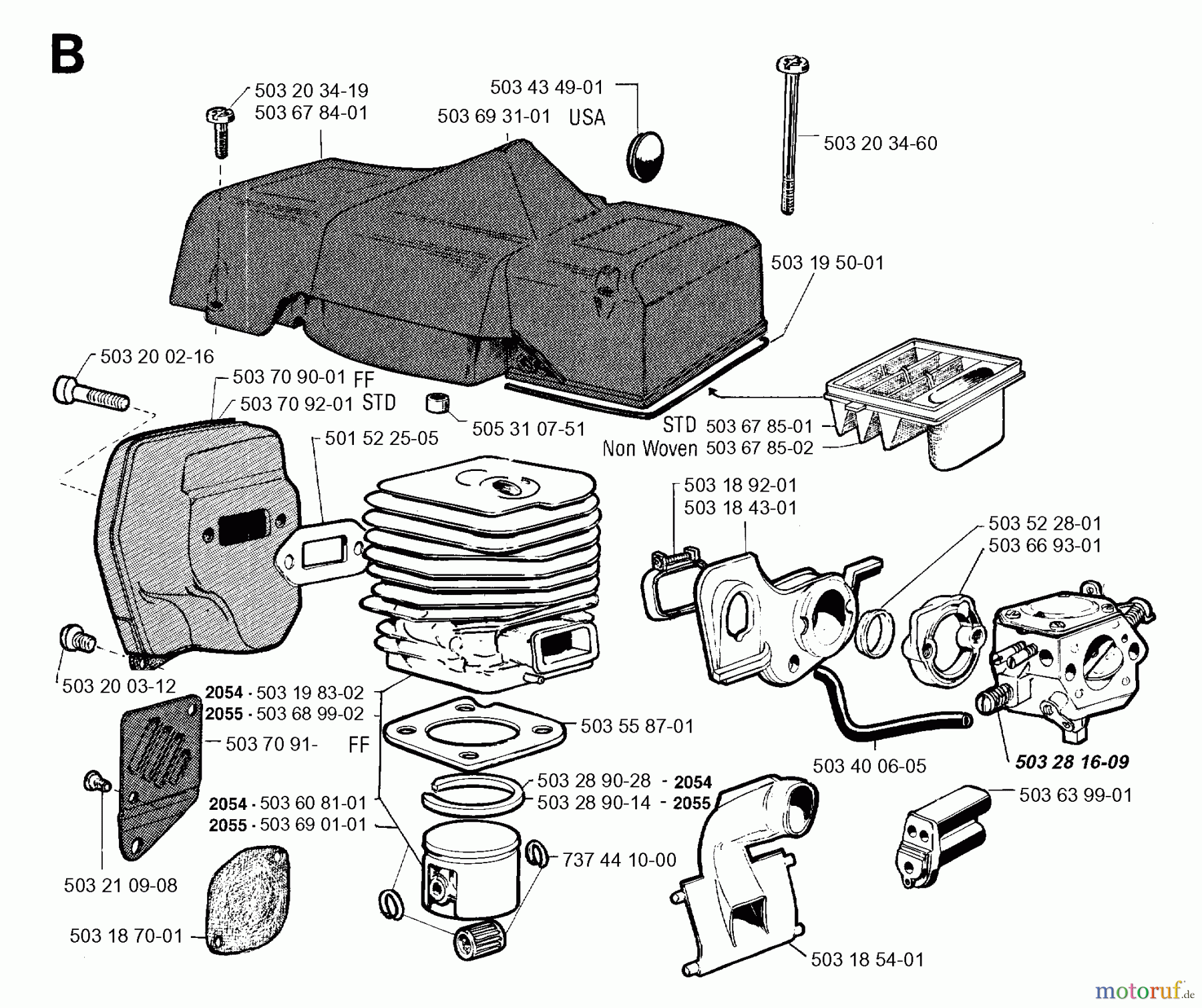 Jonsered Motorsägen 2055 - Jonsered Chainsaw (1994-10) CYLINDER PISTON MUFFLER