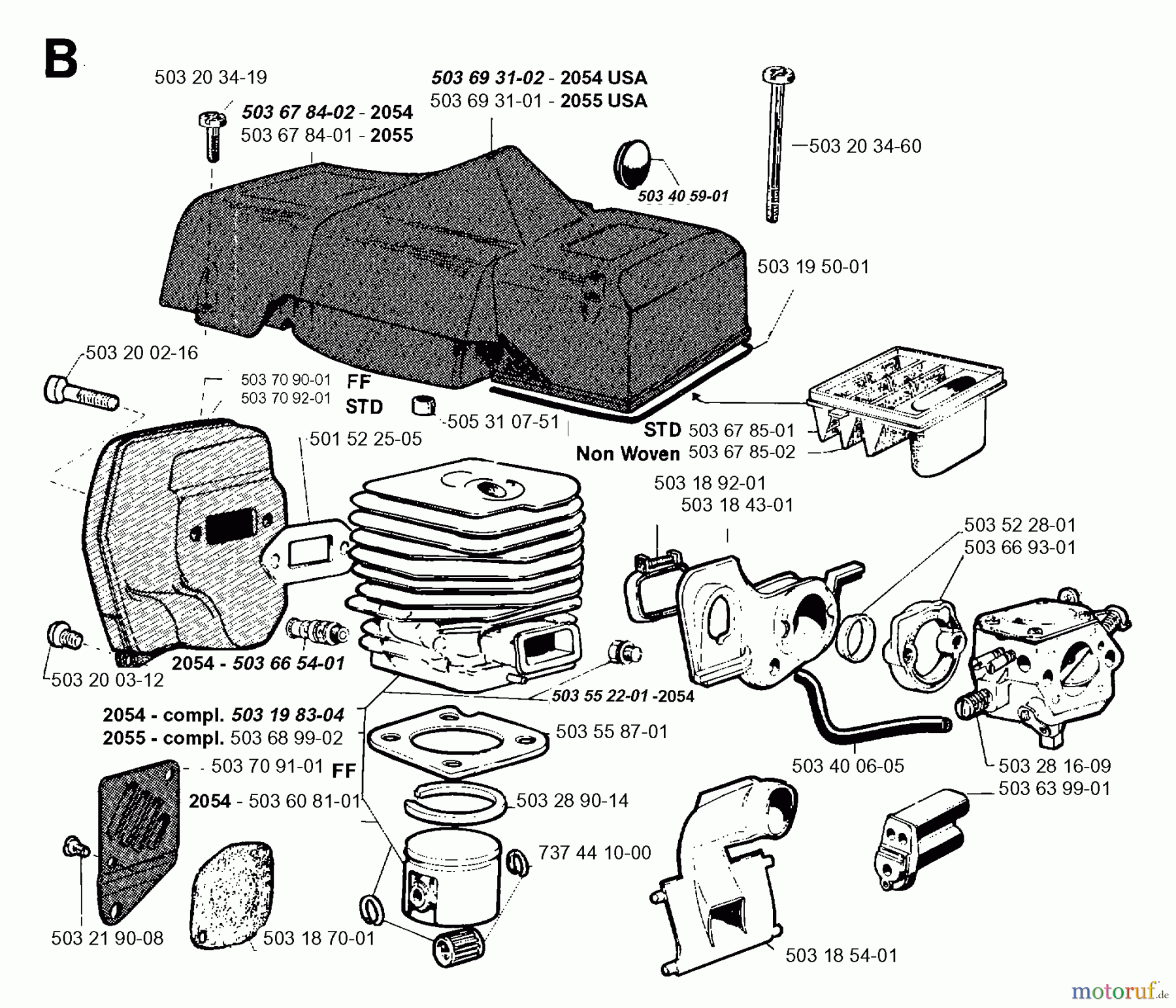 Jonsered Motorsägen 2054 - Jonsered Chainsaw (1996-02) CYLINDER PISTON MUFFLER