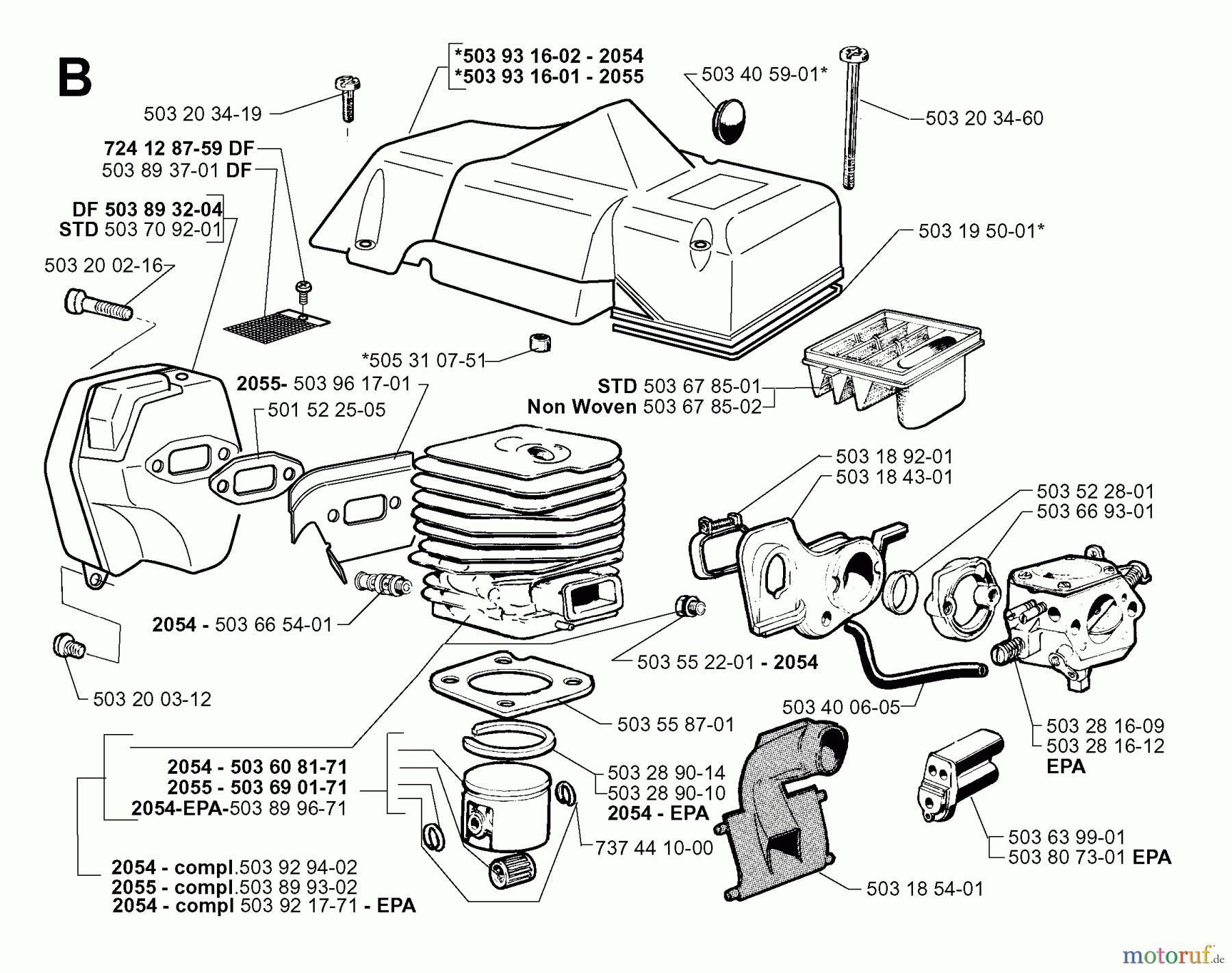 Jonsered Motorsägen 2055 - Jonsered Chainsaw (2000-05) CYLINDER PISTON MUFFLER