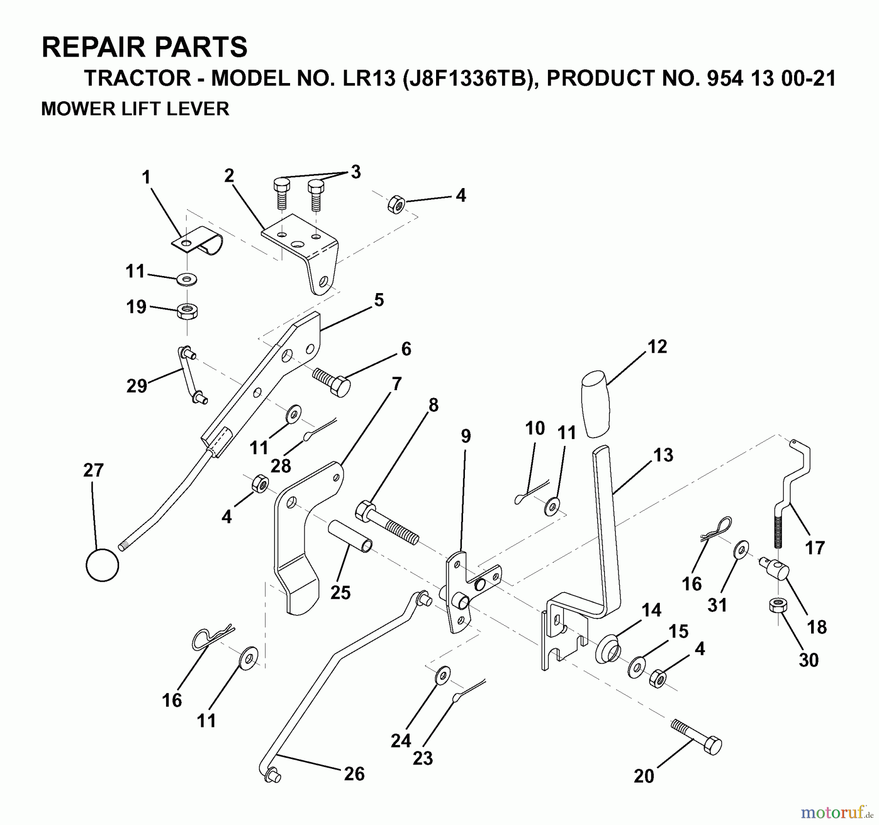  Jonsered Rasen  und Garten Traktoren LR13 (J8F1336TB, 954130021) - Jonsered Lawn & Garden Tractor (1998-12) MOWER LIFT LEVER