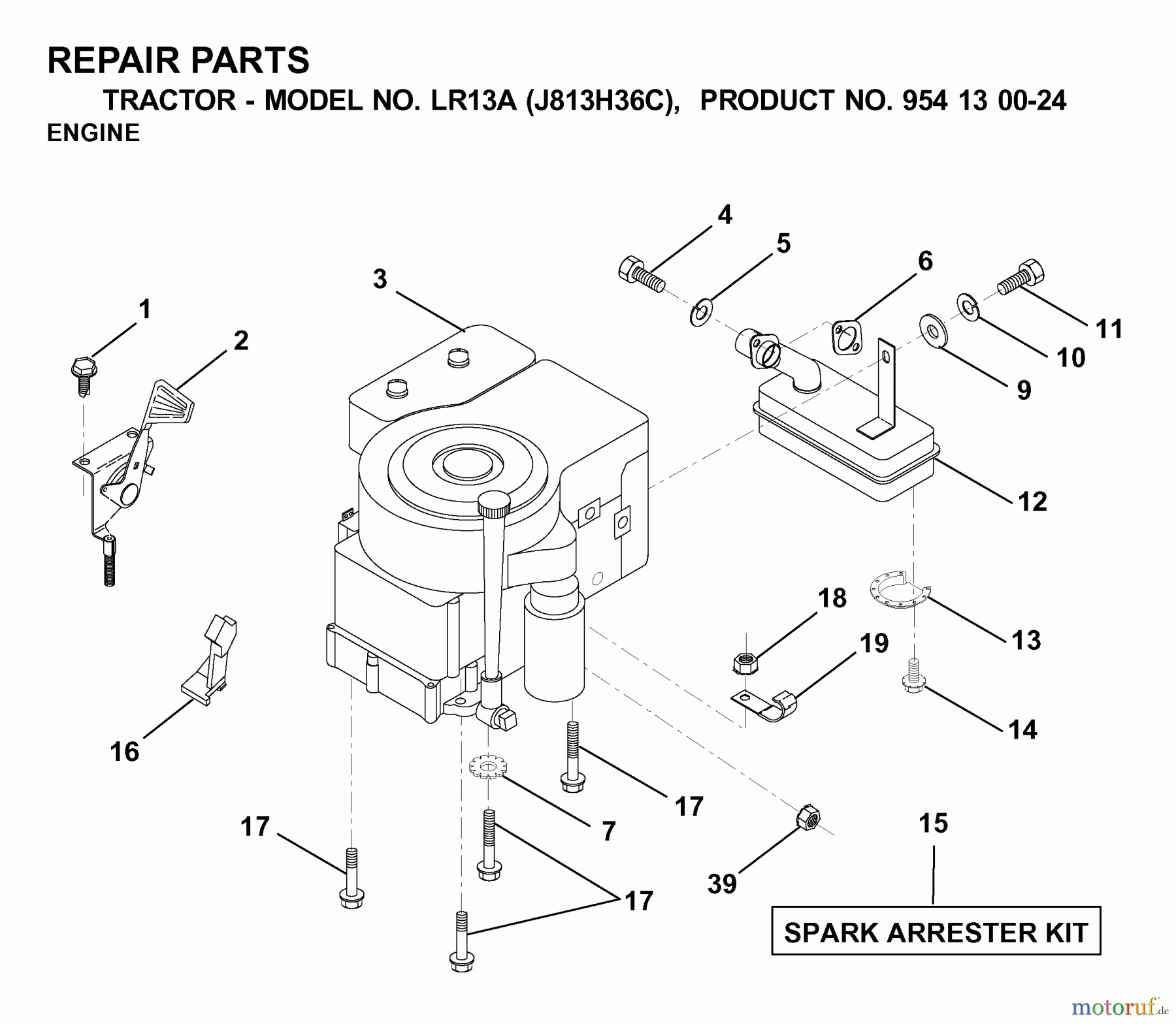 Jonsered Rasen und Garten Traktoren LR13A (J813H36C, 954130024) - Jonsered Lawn & Garden Tractor (2000-03) ENGINE CUTTING EQUIPMENT