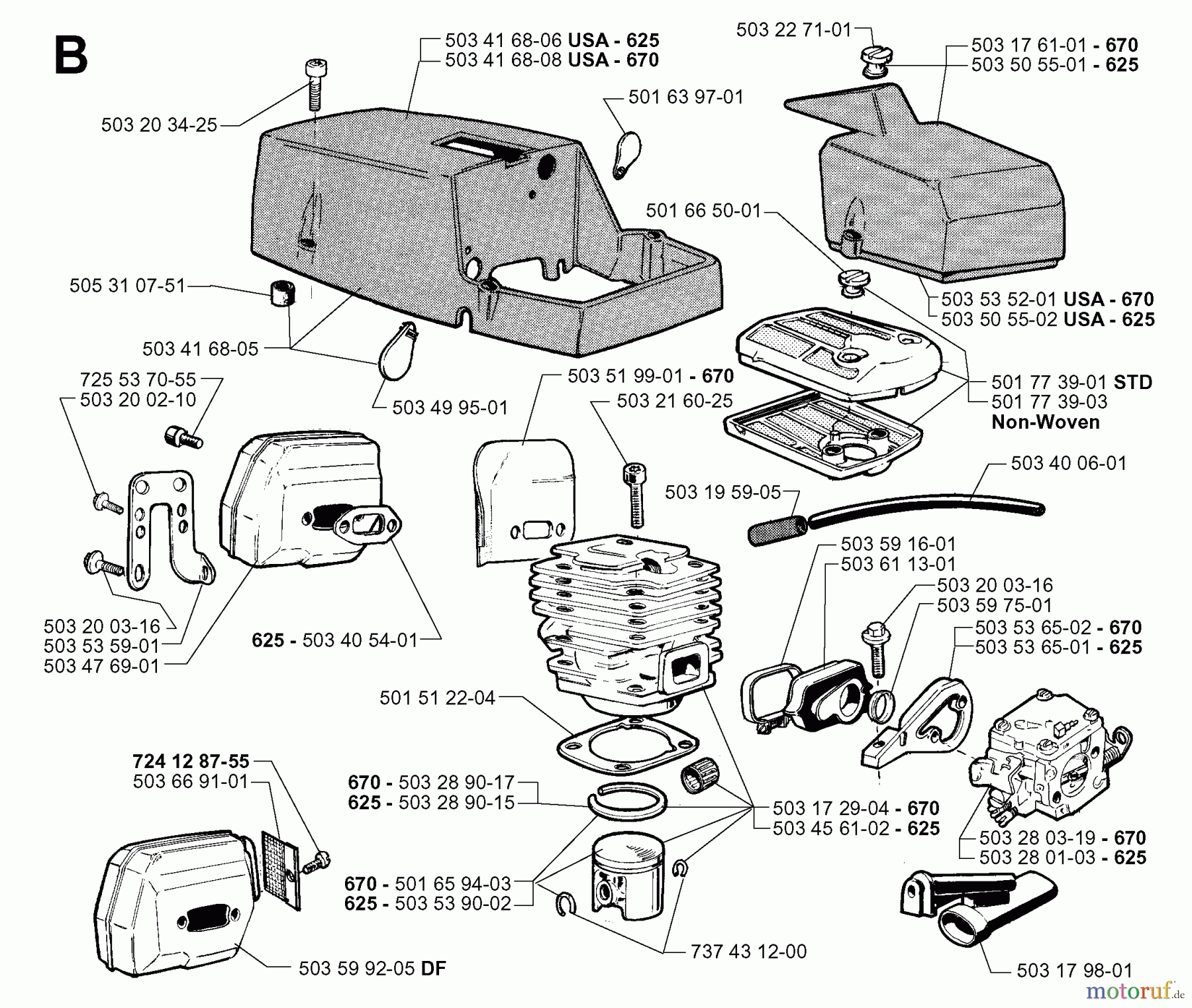 Jonsered Motorsägen 670 CHAMP - Jonsered Chainsaw (1999-02) CYLINDER PISTON MUFFLER