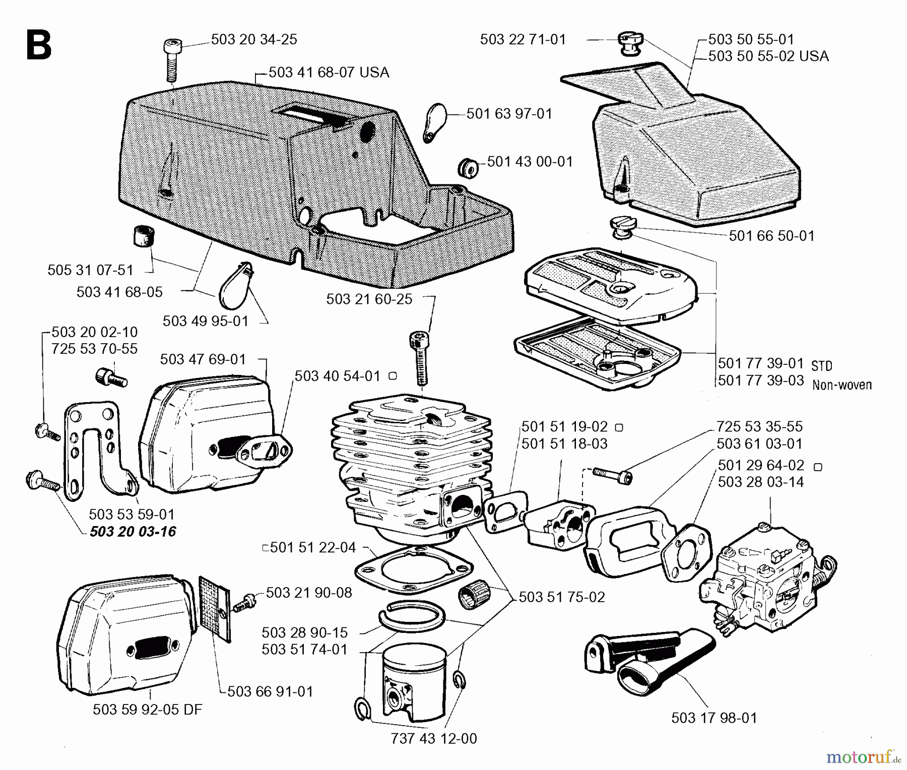 Jonsered Motorsägen 630 SUPER II - Jonsered Chainsaw (1994-08) CYLINDER PISTON MUFFLER