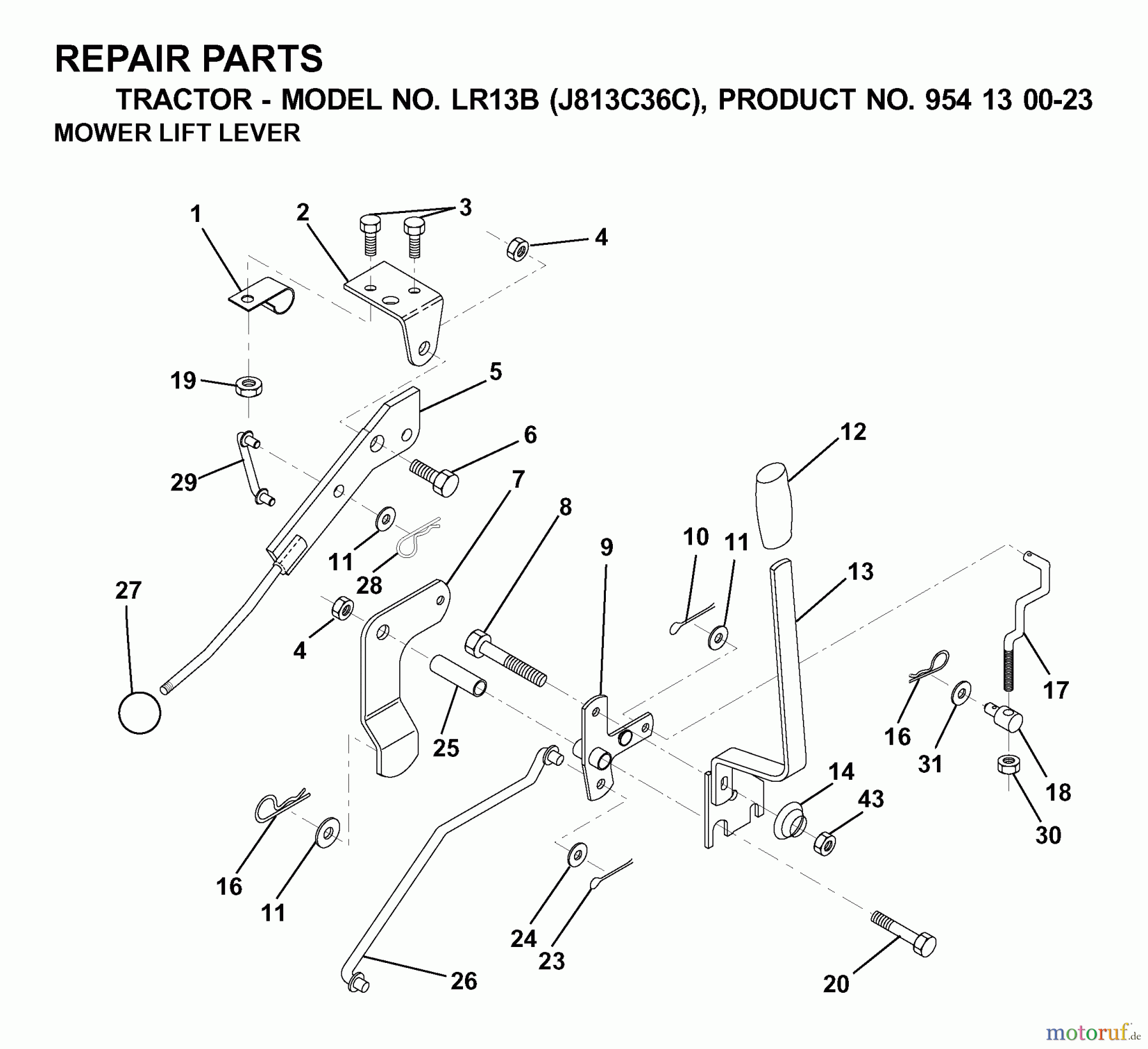 Jonsered Rasen und Garten Traktoren LR13B (J813C36C, 954130023) - Jonsered Lawn & Garden Tractor (2000-03) MOWER LIFT LEVER